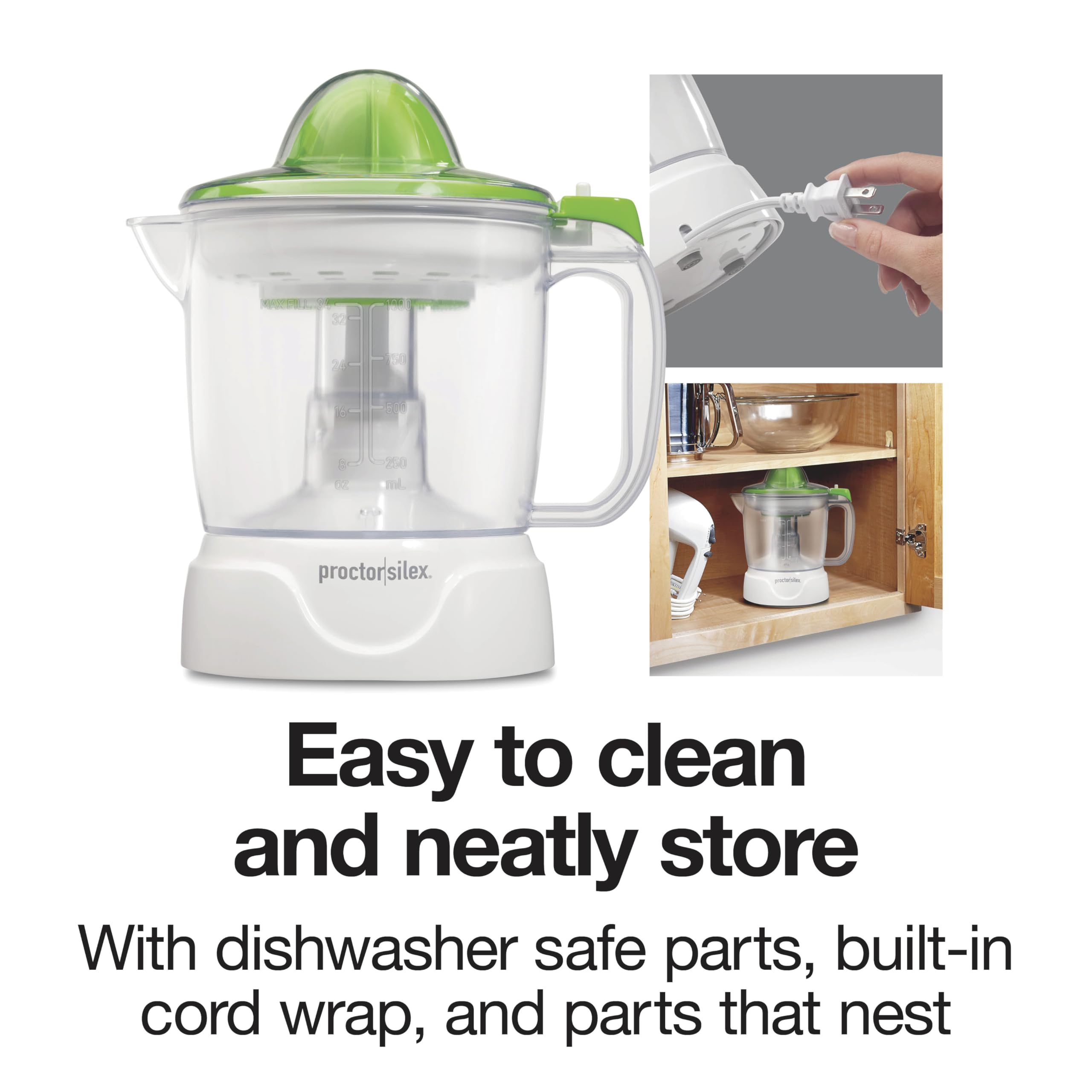 Proctor Silex Electric Citrus Juicer Machine, Large 34 oz. Pitcher, Pressure Activated, 2 Reamers for Big and Small Fruit, Pulp Control, for Orange, Lemon, Grapefruit Juice, White & Green (66340)