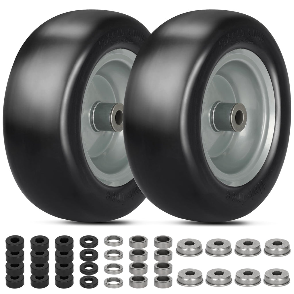 2 PCS 11x4.00-5" Lawn Mower Tires Flat Free,3/4" 5/8" 1/2" Bushing,3.4"-4"-4.5"-5" Centered Hub,Universal Fit Smooth Tread Tire for Zero Turn Lawn Mowers, with Universal Adapter Kit(Blcak Rim)