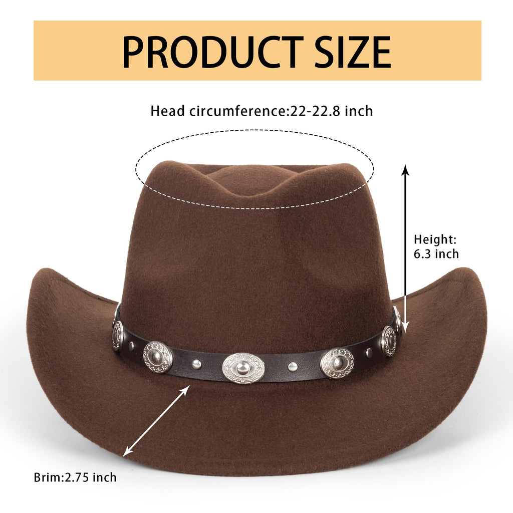 Eohak Womens Western Cowboy Hats Studded Pinched Western Cowgirl Hats Wide Brim Fedoras Hat with Belt Buckle (Size:Medium)