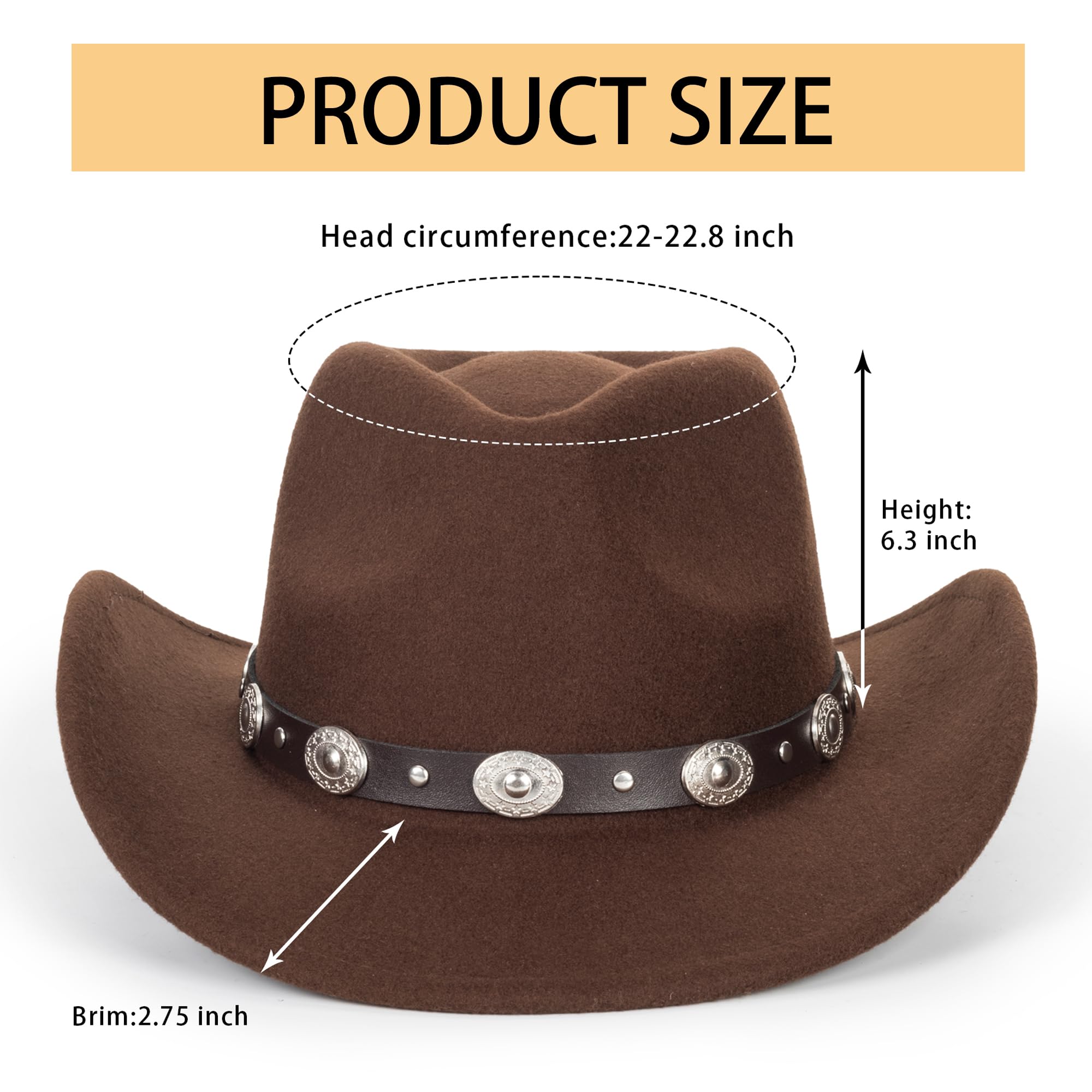 Eohak Womens Western Cowboy Hats Studded Pinched Western Cowgirl Hats Wide Brim Fedoras Hat with Belt Buckle (Size:Medium)