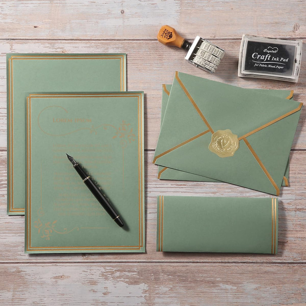 50 Pack Stationery Set with Envelopes, Cream Color, 8.5x11 Inches | Gold Border, #10 Business Envelopes and 8.5x11 Paper Sheets, Stickers for Letter Writing, Invitations