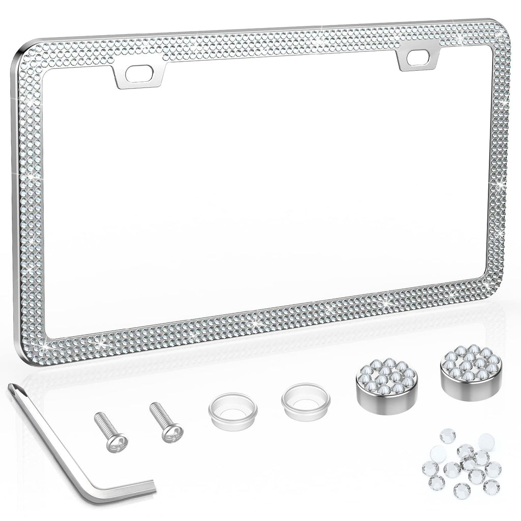 QiqaMole 2 Pack License Plate Frame Include 1 Silicone License Plate Frame and 1 Crystal License Plate Cover with Rhinestone Crystal Diamond Screw Set Car Bling License Plate Frame (Black + AB Color)