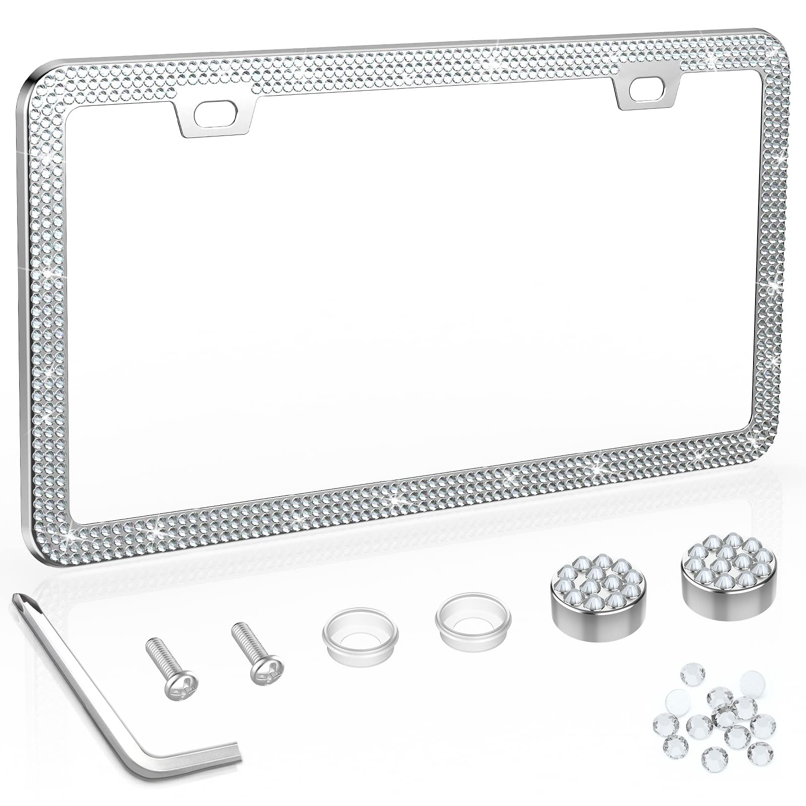 QiqaMole 2 Pack License Plate Frame Include 1 Silicone License Plate Frame and 1 Crystal License Plate Cover with Rhinestone Crystal Diamond Screw Set Car Bling License Plate Frame (Black + AB Color)