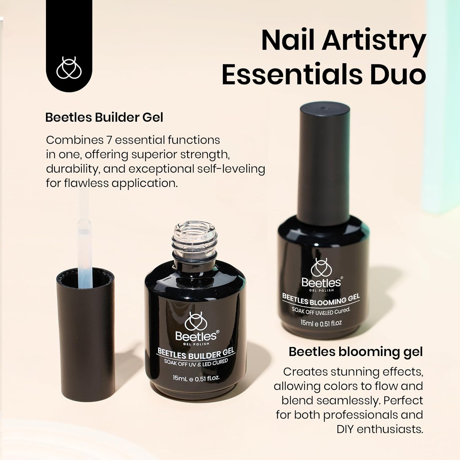 Beetles 2Pcs 15ml Gel Base and Top Coat Set - Upgrade No Wipe Extra Glossy Top Coat Finish for Gel Nail Polish, Soak Off UV/LED Lamp Needed, Essentials for Long-Lasting Manicure Kit