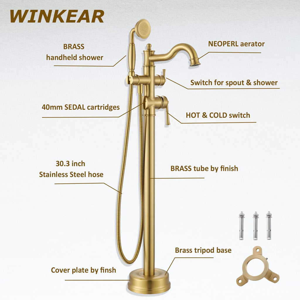 Freestanding Floor Mount Tub Filler with Handheld Shower Roman Bathtub Faucet by Brushed Gold Finish, Swivel Spout with Brass Rough-in and Water Hose