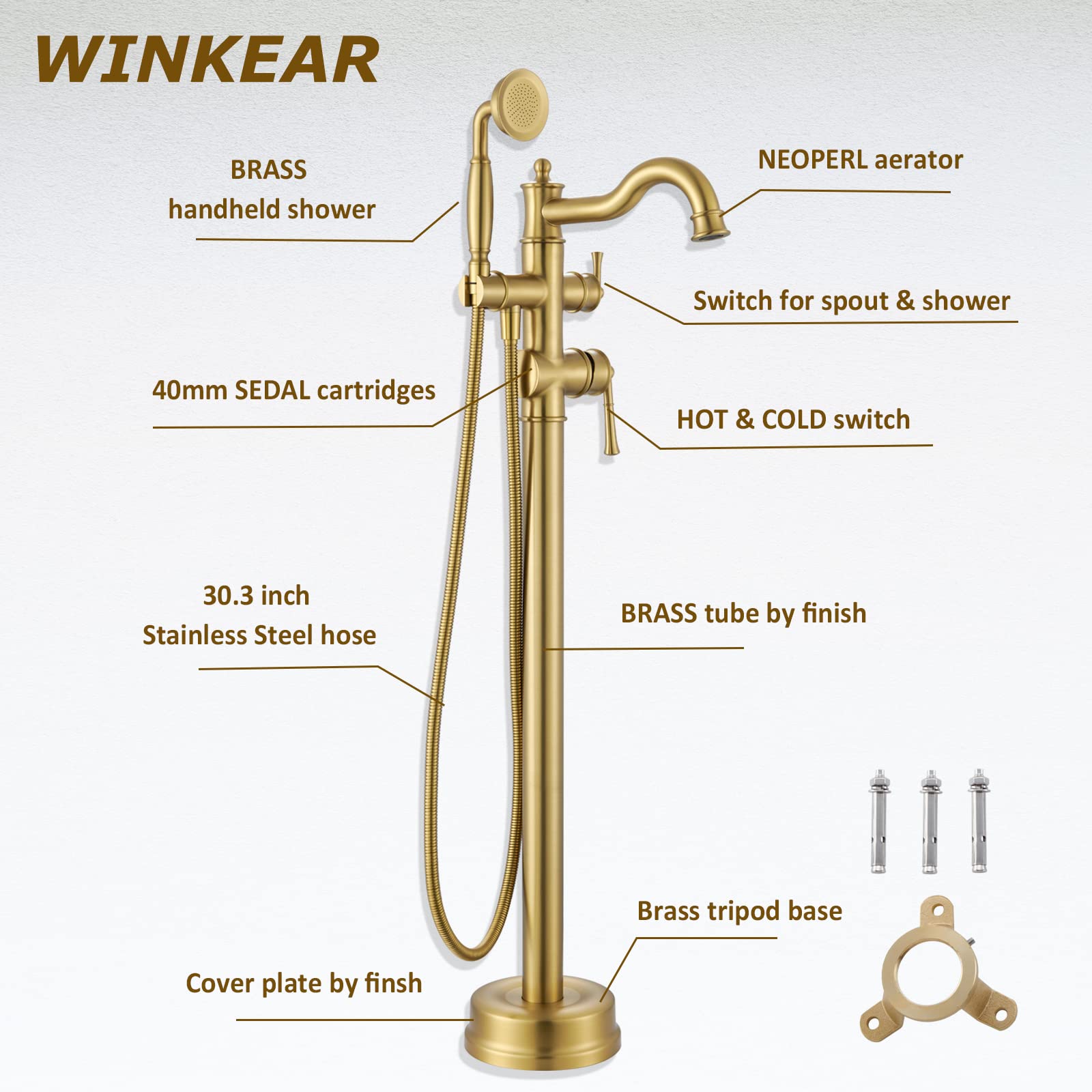Freestanding Floor Mount Tub Filler with Handheld Shower Roman Bathtub Faucet by Brushed Gold Finish, Swivel Spout with Brass Rough-in and Water Hose