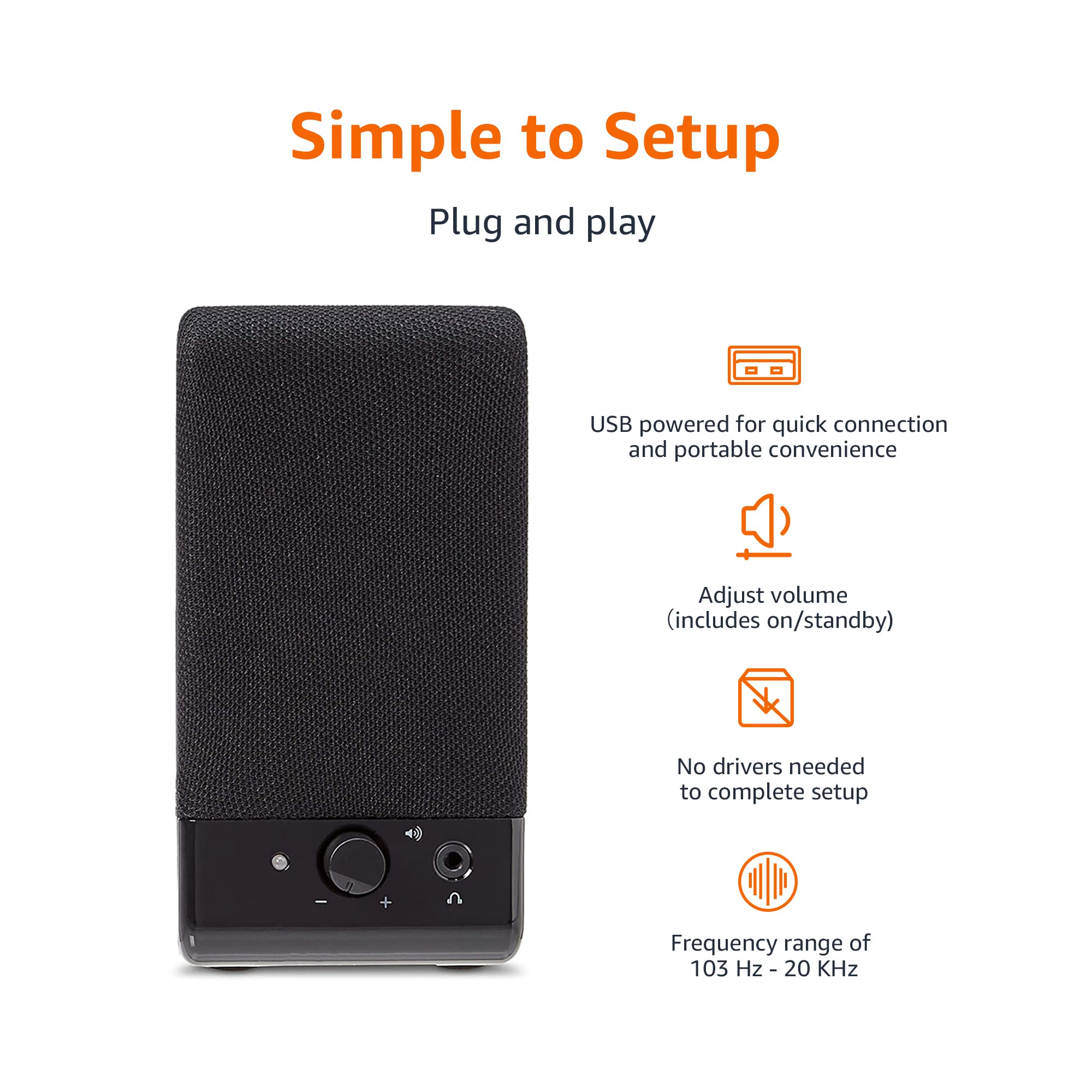 Amazon Basics AC-Powered Computer Speakers for Desktop or Laptop PC with Volume Control, Headphone Jack, Black (US Version)
