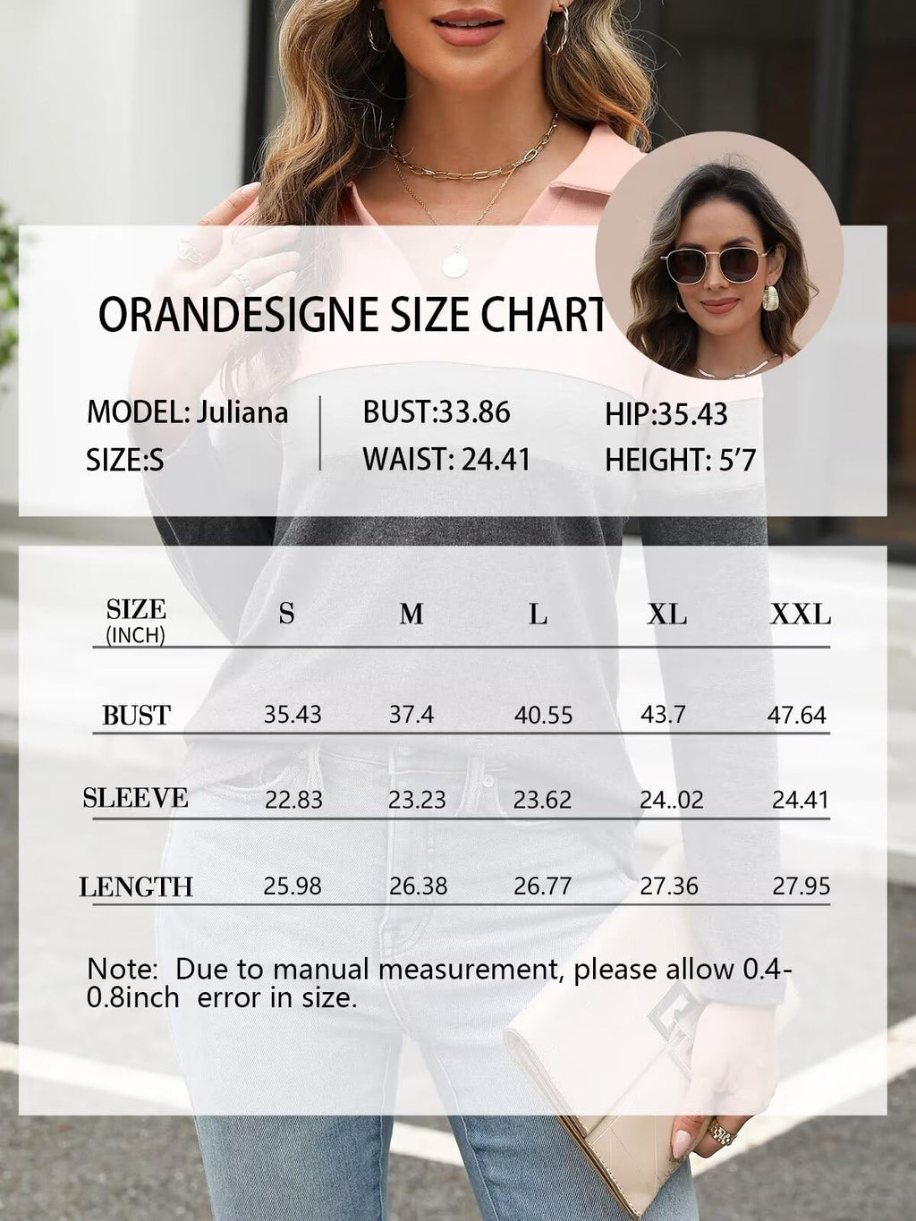 ORANDESIGNE Women's Long Sleeve Polo Shirts Casual Color Block V Neck Tops Fall Collar Ladies Tunics Tees