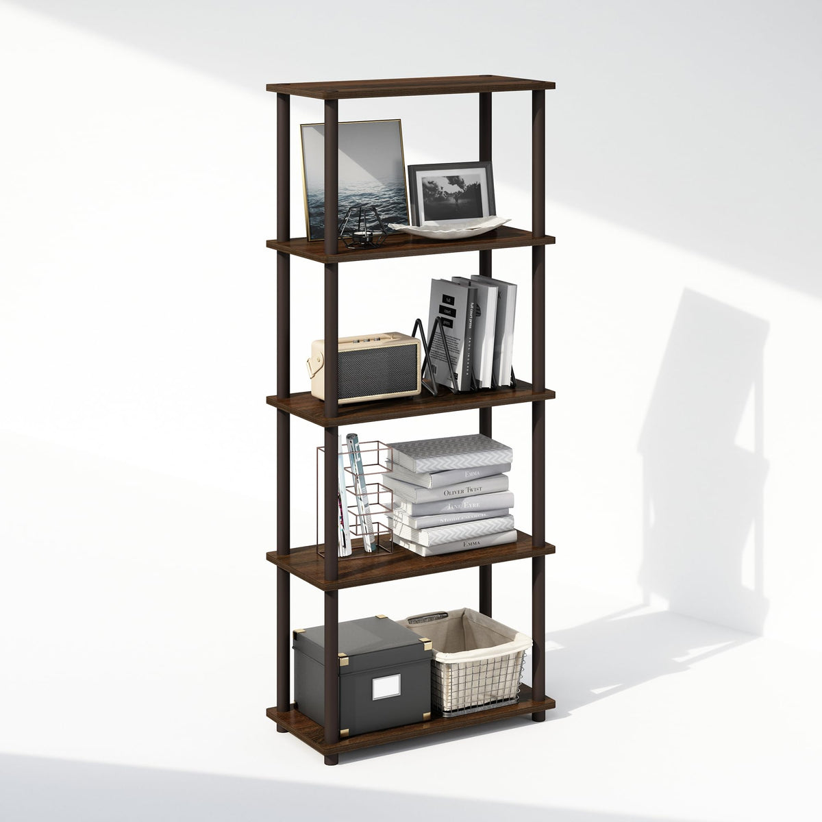 Furinno Turn-N-Tube Book Shelf, 4-Tier Bookshelf, Bookcase with Multipurpose Compact Display Rack, 11.6 x 23.6 x 43.2, for Living Room, Bedroom, Home Office, Americano/Black