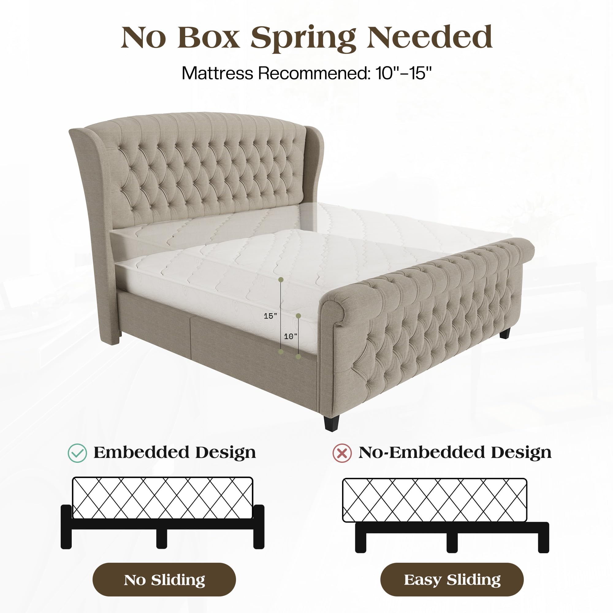 LUXOAK Queen Size Platform Bed Frame, Velvet Upholstered Sleigh Bed with Curved Headboard & Footboard, Deep Button Tufted, Wood Slats Support, No Box Spring Needed, Black