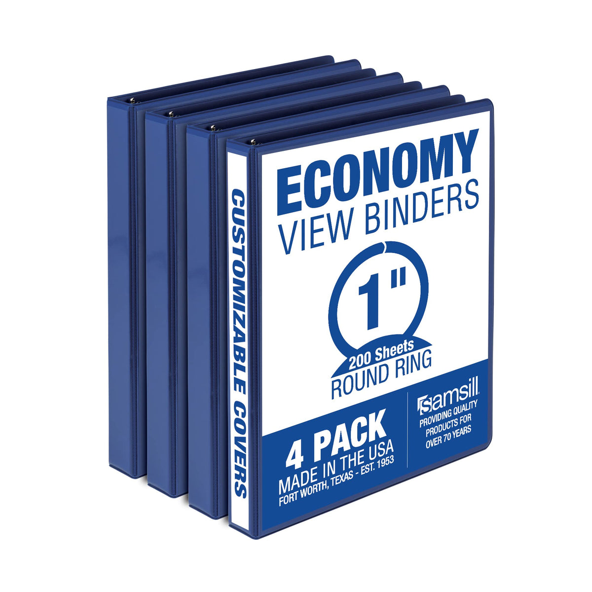 Samsill 1 Inch 3 Ring Binders, Economy Round Ring, Clear View Cover, 200 Sheet Capacity - for School, Home, Office - Blue, 4 Pack