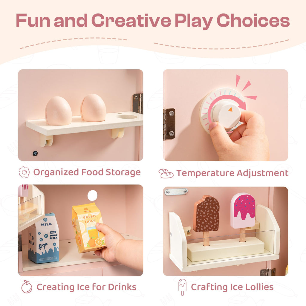 ROBUD Wooden Play Kitchen Fridge, Toy Kitchen Refrigerator, Kids Fridge Freezer Set with Ice Maker, Kitchen Playset Gift for Kids & Toddlers, Age 3+ (Caramel)