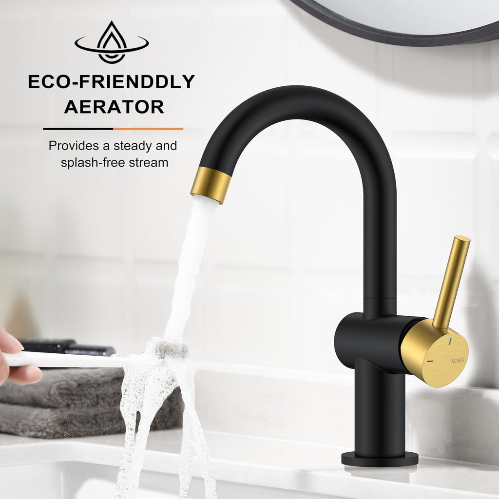 KENES Black and Gold Single Handle Bathroom Sink Faucet, Modern Prep Wet Bar Sink Faucet with Drain Assembly & Deck Plate, Vanity Faucets for Farmhouse RV Camper Utility, KE-9005B-BG