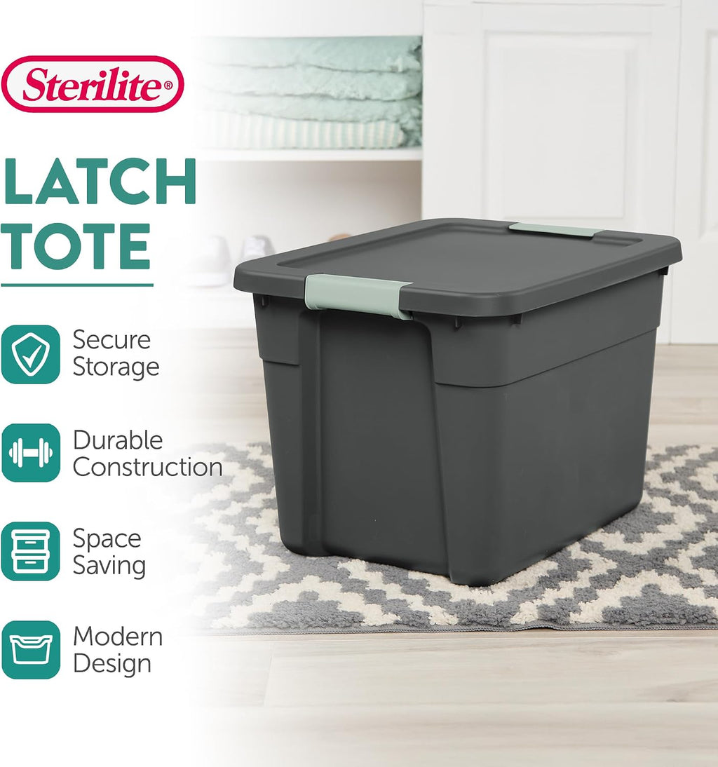 Sterilite 6-Pack Latch Tote, Stackable Plastic Storage Container Bins with Lids, 12 Gallon, Gray/Green - Latching Boxes for Bedroom, Bathroom, Garage, and Office Organization