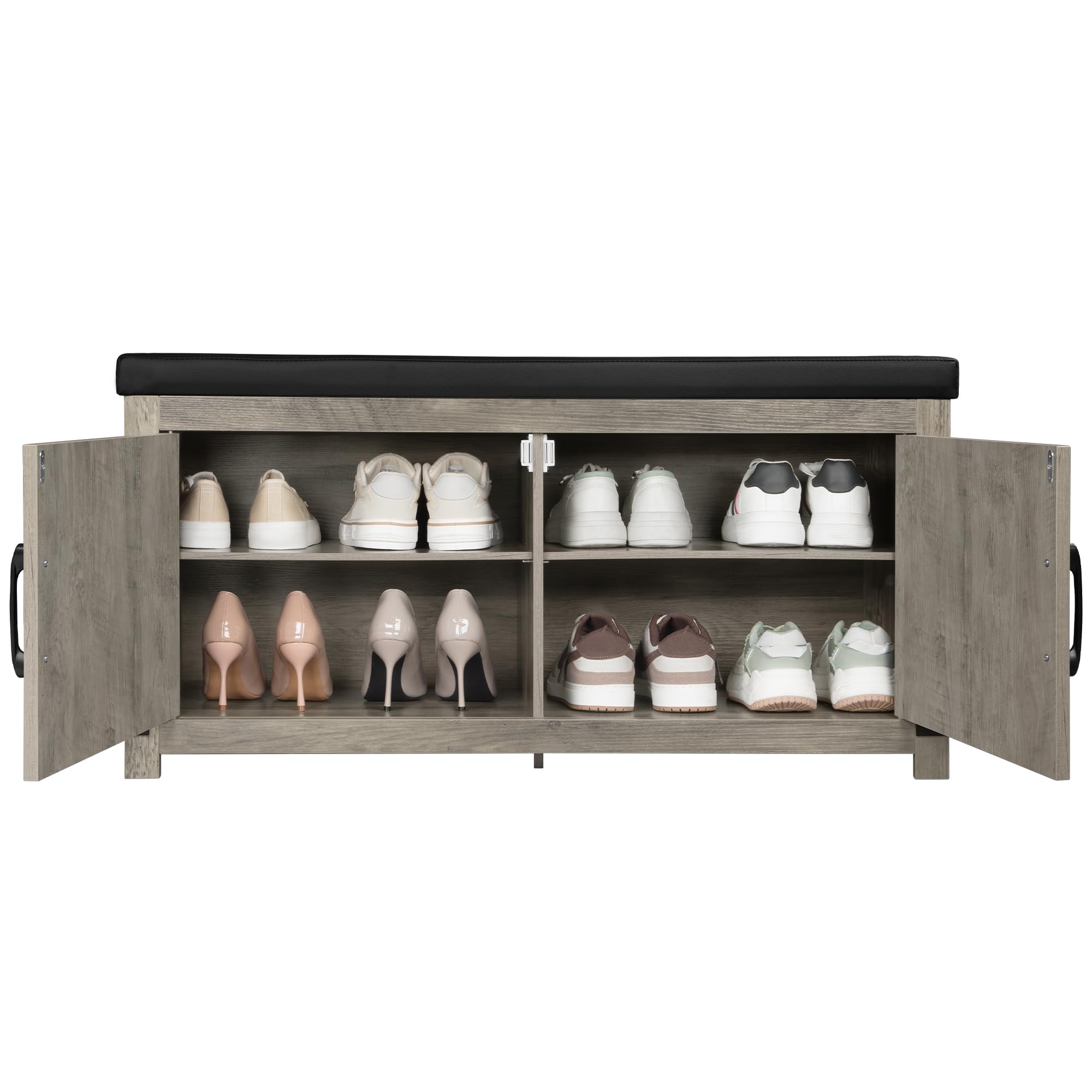 Hzuaneri Shoe Storage Bench, 2 Tier Shoe Bench with Padded Seat Cushion & 2 Barn Doors, Entryway Bench with Adjustable Shelf, Farmhouse Shoe Cabinet for Living Room, Bedroom, Antique White SB26214KA