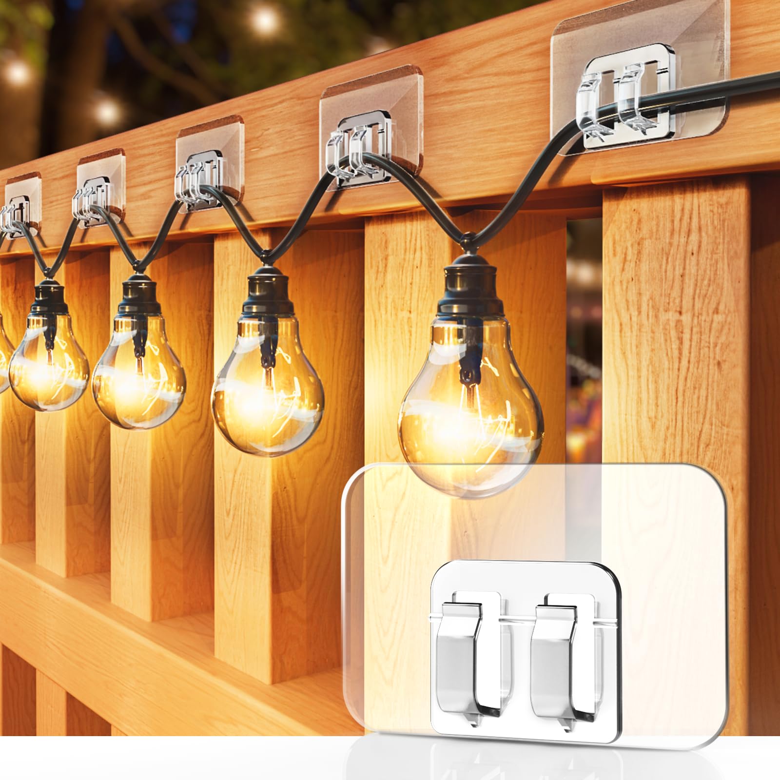 Hooks for Outdoor String Lights - 20 Pack with Adhesive Strips - No Damage, No Tools, No Holes, Waterproof and UV-Resistant, Perfect for Christmas and Patio Decor