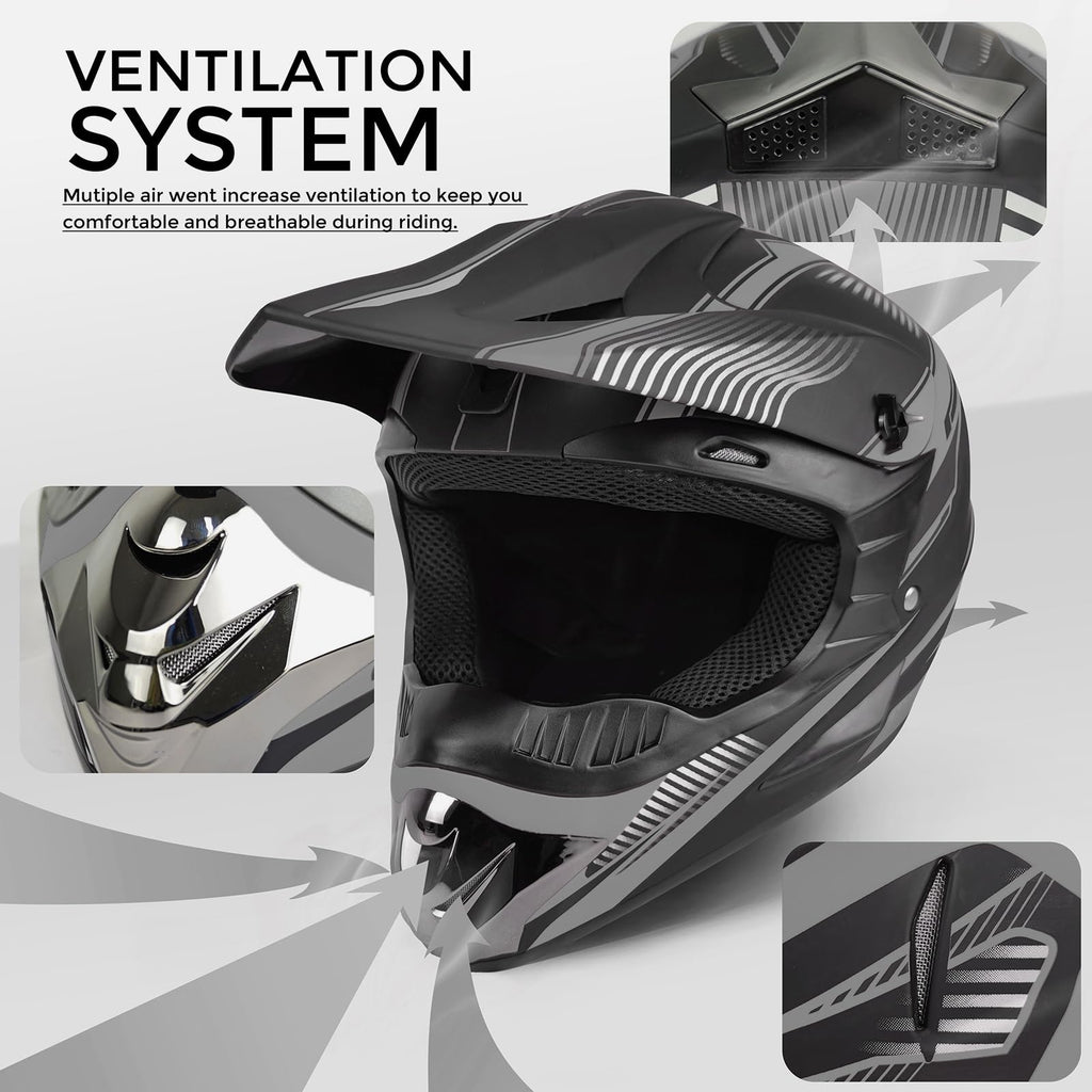 Youth Kids Motocross Helmet Full Face Motorcycle Dirt Bike Off-Road Mountain Bike BMX MX ATV Helmet,DOT Approved,W/Gloves Goggles Mask 4Pcs Set (Black, S)