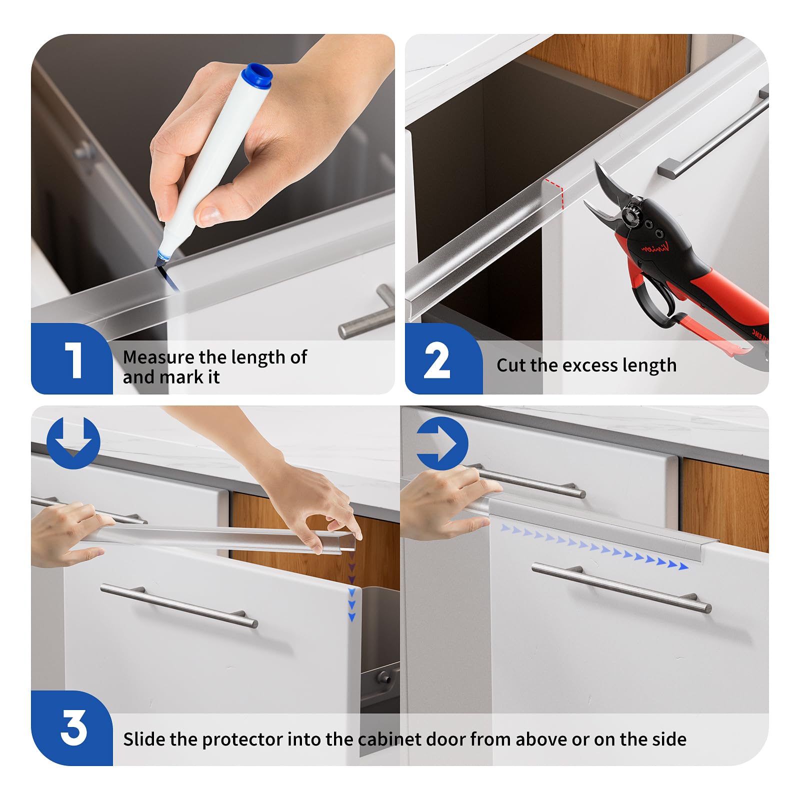 Cabinet Protector Edge Guard (Pack of 6), 17.7" Clear PVC Cabinet Edge Protectors for 3/4" Thick Kitchen Cabinets Doors – Slip-On No-Tool Sliding Installation