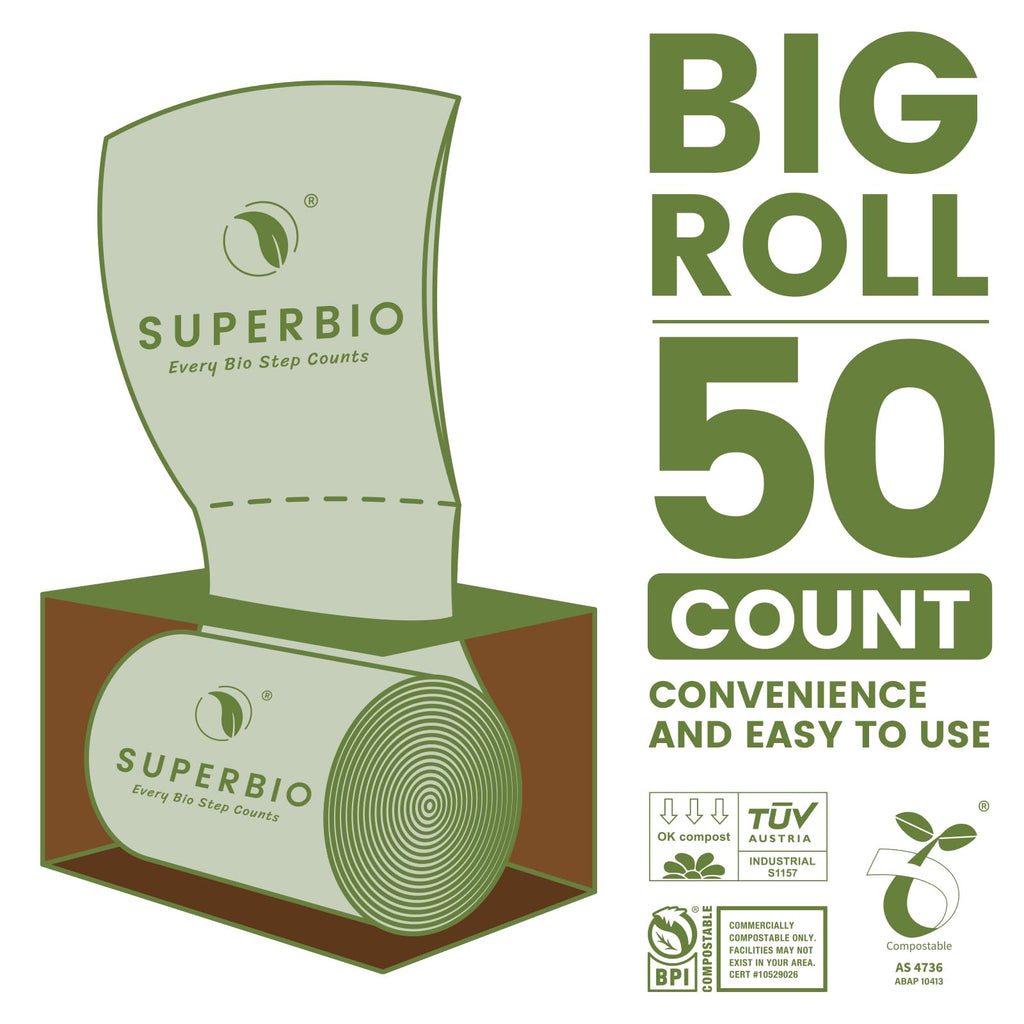 SUPERBIO 1.6 Gallon Handle Tie Compostable Food Scrap Bags, Small Compost Bags with Handles, 50 Count, 2 Pack, BPI & OK compost INDUSTRIAL