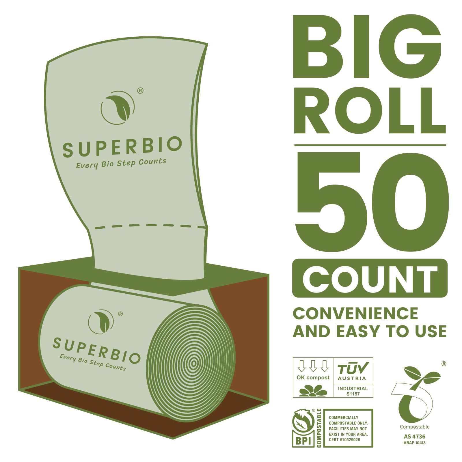 SUPERBIO 1.6 Gallon Handle Tie Compostable Food Scrap Bags, Small Compost Bags with Handles, 50 Count, 2 Pack, BPI & OK compost INDUSTRIAL
