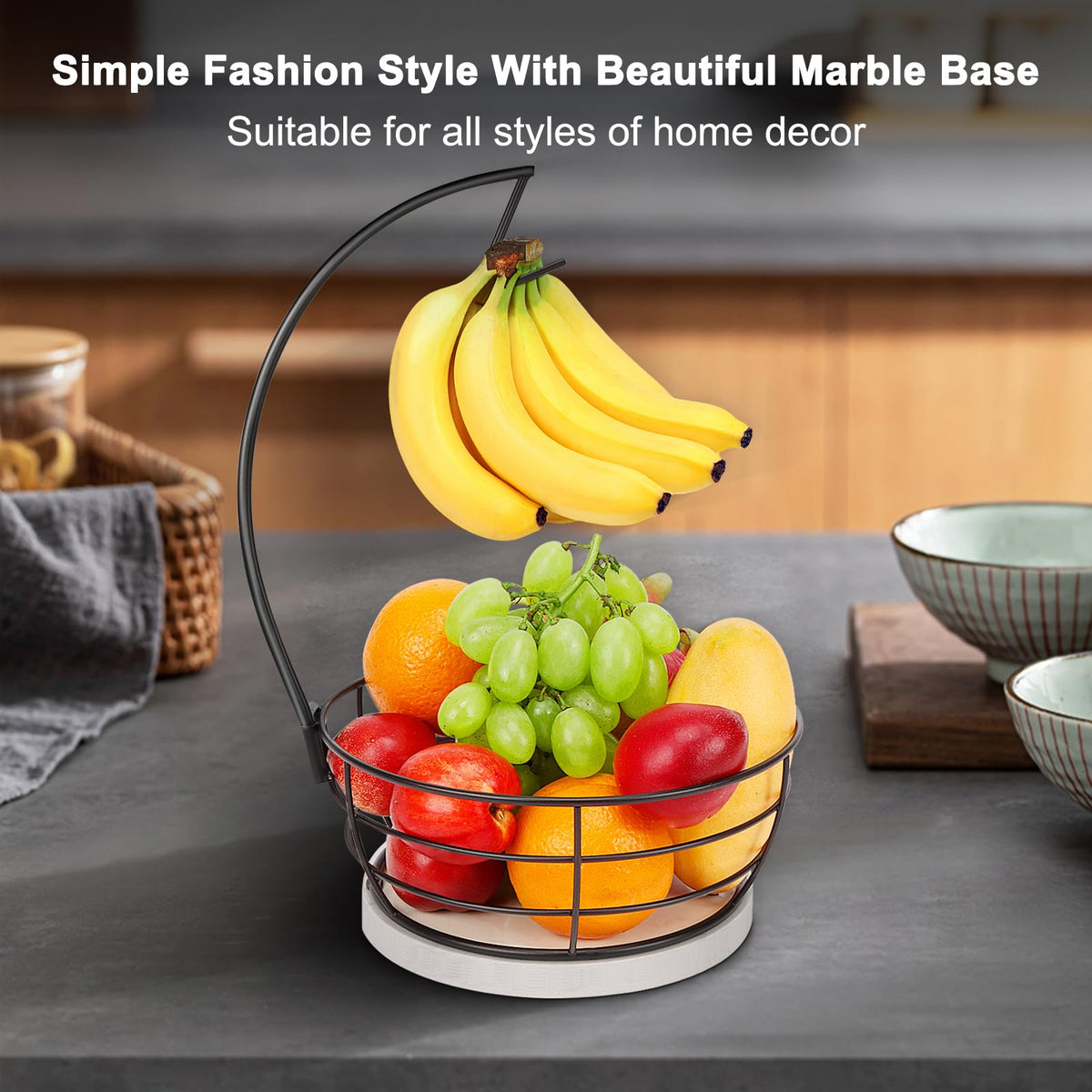 Countertop Fruit Basket Bowl with Banana Hanger, Modern Standing Fruit Vegetable Bowl Storage, with Banana Tree Holder for Kitchen Dinning Table (Round Marble, Black)
