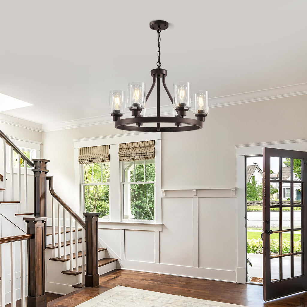 Lanhall 6-Light Modern Dining Room Light Fixture Brushed Nickel Kitchen Chandelier Ceiling Hanging Pendant Lighting with Glass Shade for Living Room Bedroom Entryway Adjustable Height Metal E26