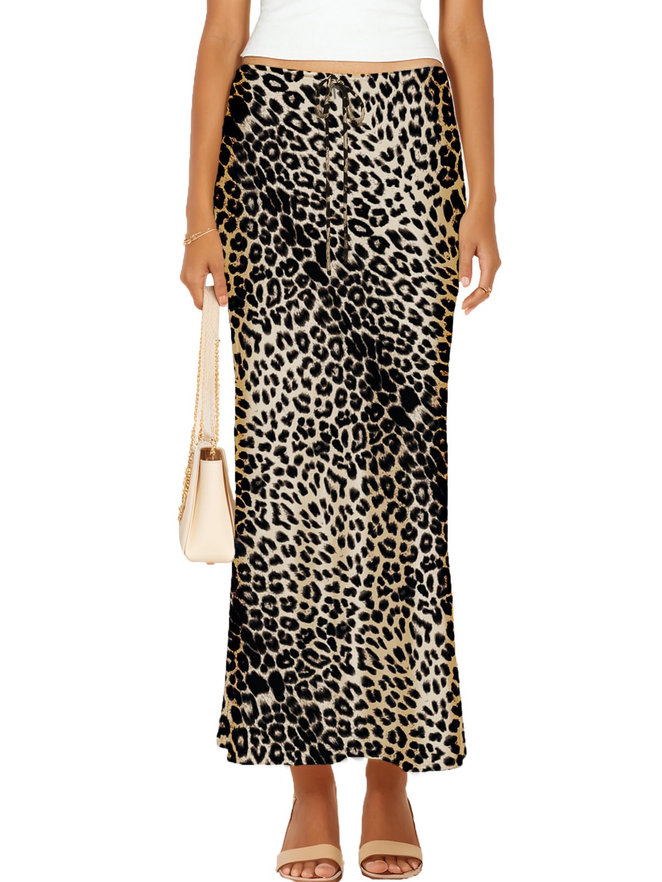 Womens Satin Silk Maxi Skirts Drawstring Flared Casual A-Line Long Skirt for Women