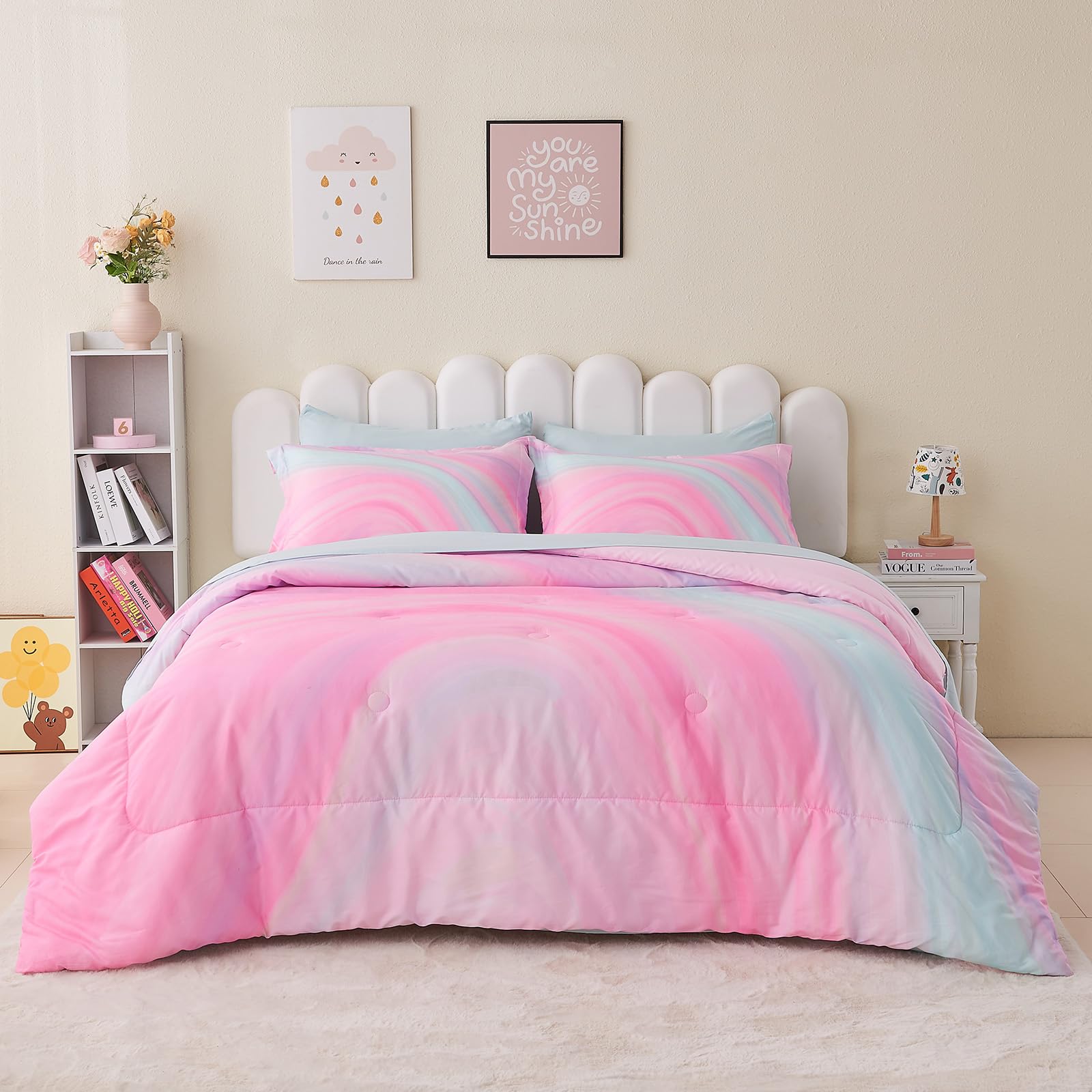 Wajade 7 Piece Blue Bow Comforter Set for Girls Kids Twin Size Bedding Set with Sheet and 2 Pillowcases 2 Pillow Shams Cute Girls Bed in a Bag as Birthday Choice
