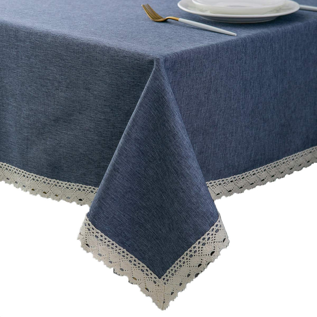EHouseHome Faux Linen Tablecloth with Lace Trim - Waterproof/Spill Proof/Stain Resistant/Wrinkle Free/Oil Proof - for Banquet, Parties,Dinner,Kitchen,Wedding,Holiday,Blue Fog,Square 52X52Inch