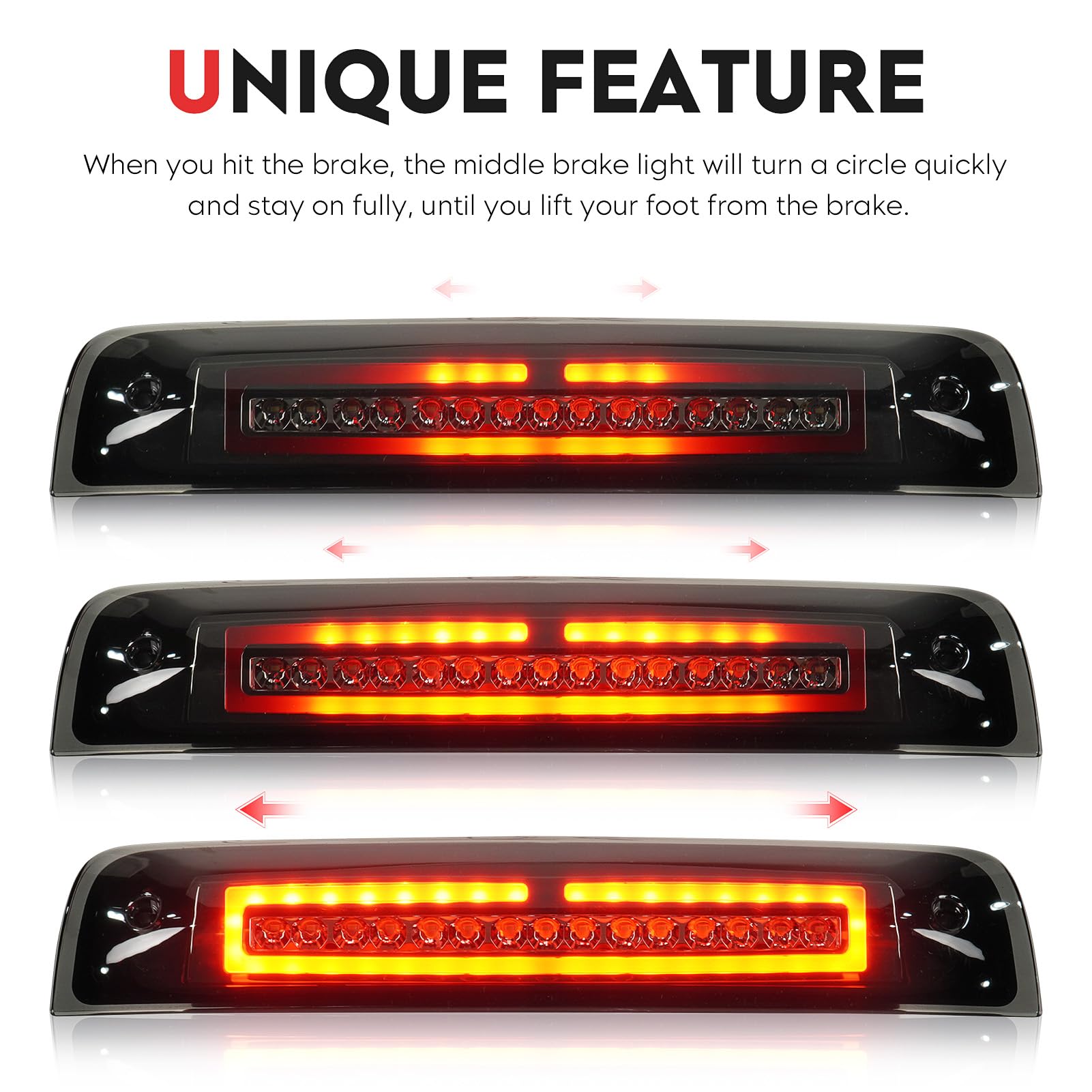 Tresound For 1994-2001 Dodge Ram 1500/2500/ 3500 Third 3rd LED Brake Light Cargo Lamp High Mount Brake Light Replacement (Black+ Smoke Lens)