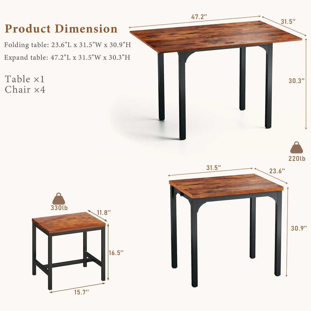 HUAHUU Dining Table Set for 4, Extendable Kitchen Table Cushion Chairs Set of 4, Rectangle Dining Table with Metal Frame & MDF Board, Folding for Small Apartment Saving Space, Black