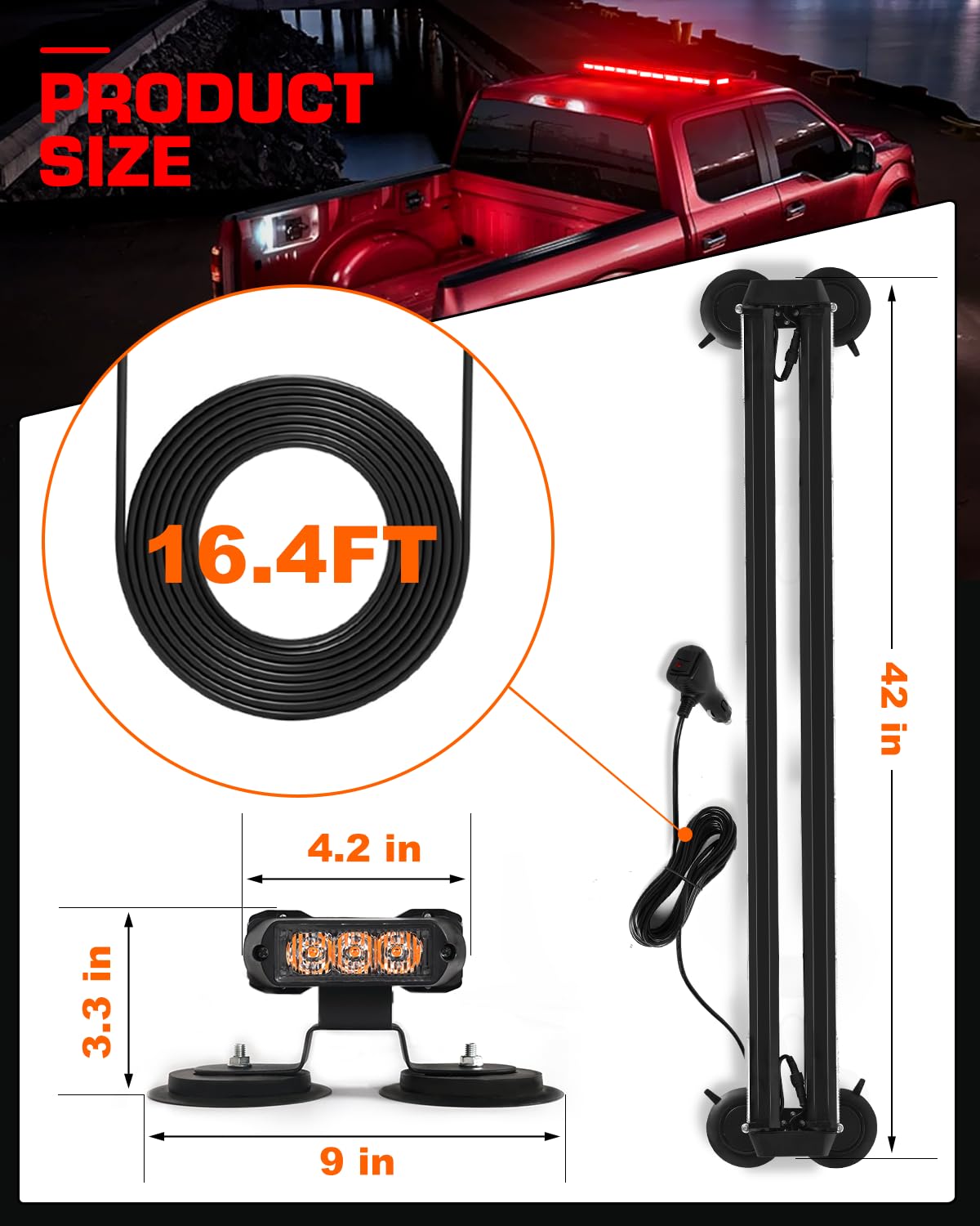 42" Roof Top Strobe Light Bar Amber White Emergency Traffic Advisor Lights, Double Side Warning Safety Flashing w/Magnetic Mount for Construction Vehicles Plow Trucks Pickup, Amber/White