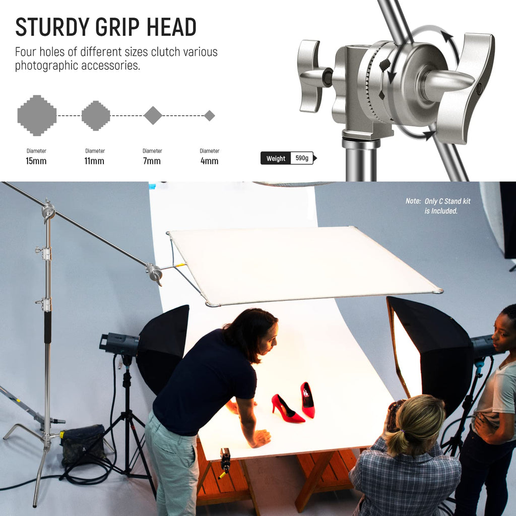 NEEWER Pro 100% Stainless Steel Heavy Duty C Stand with Boom Arm, Max Height 68"/172cm Photography Light Stand with 2.7ft/83cm Holding Arm, 2 Grip Head for Studio Monolight, Softbox, Reflector, SC172