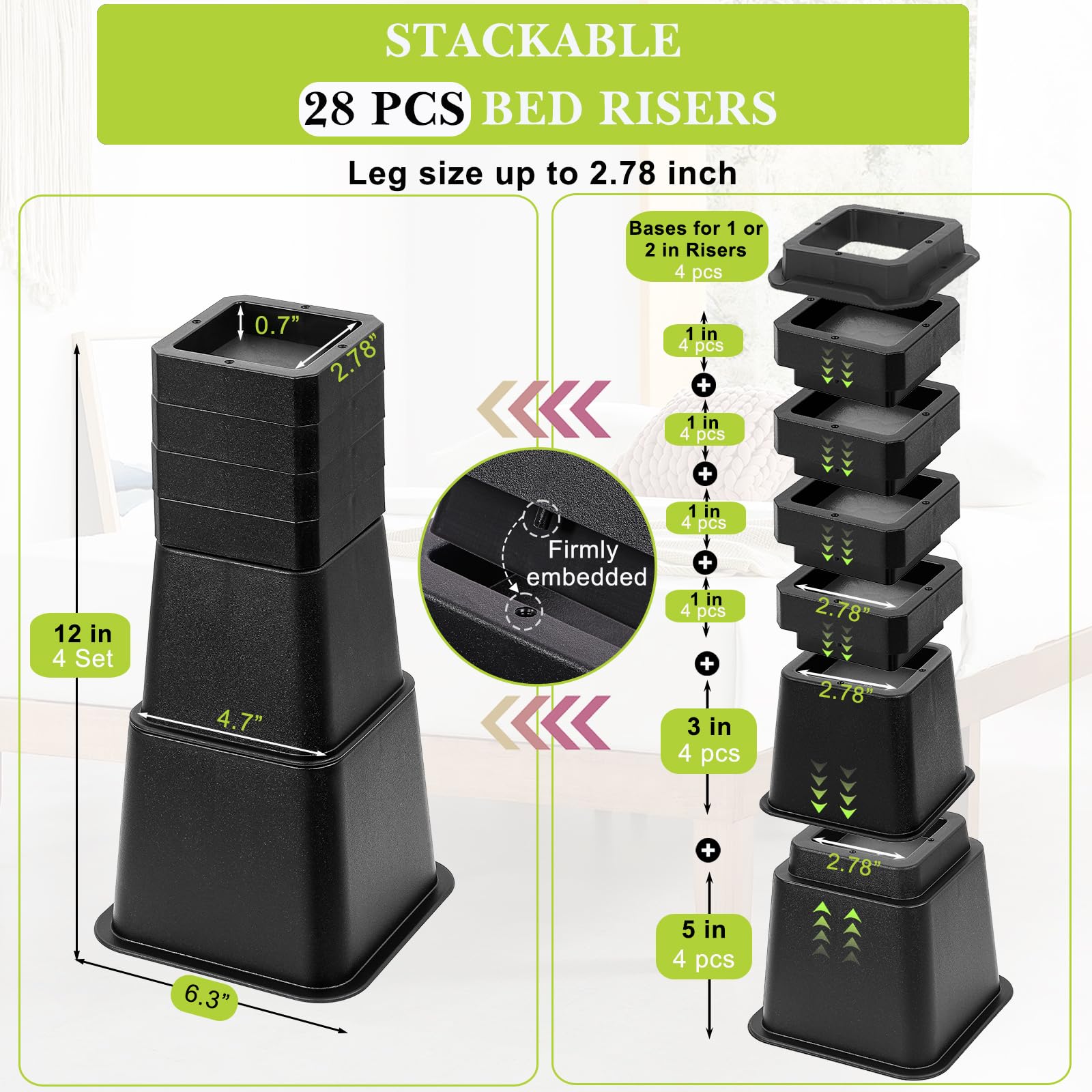 12 Pack Furniture Risers 1 Inch, Adjustable Bed Risers Heavy Duty for Table Desk Couch Chair Sofa Cabinet Bed Frame Dorm, Square Stackable Table Leg Risers Lift Height 1", 2" or 3", Black