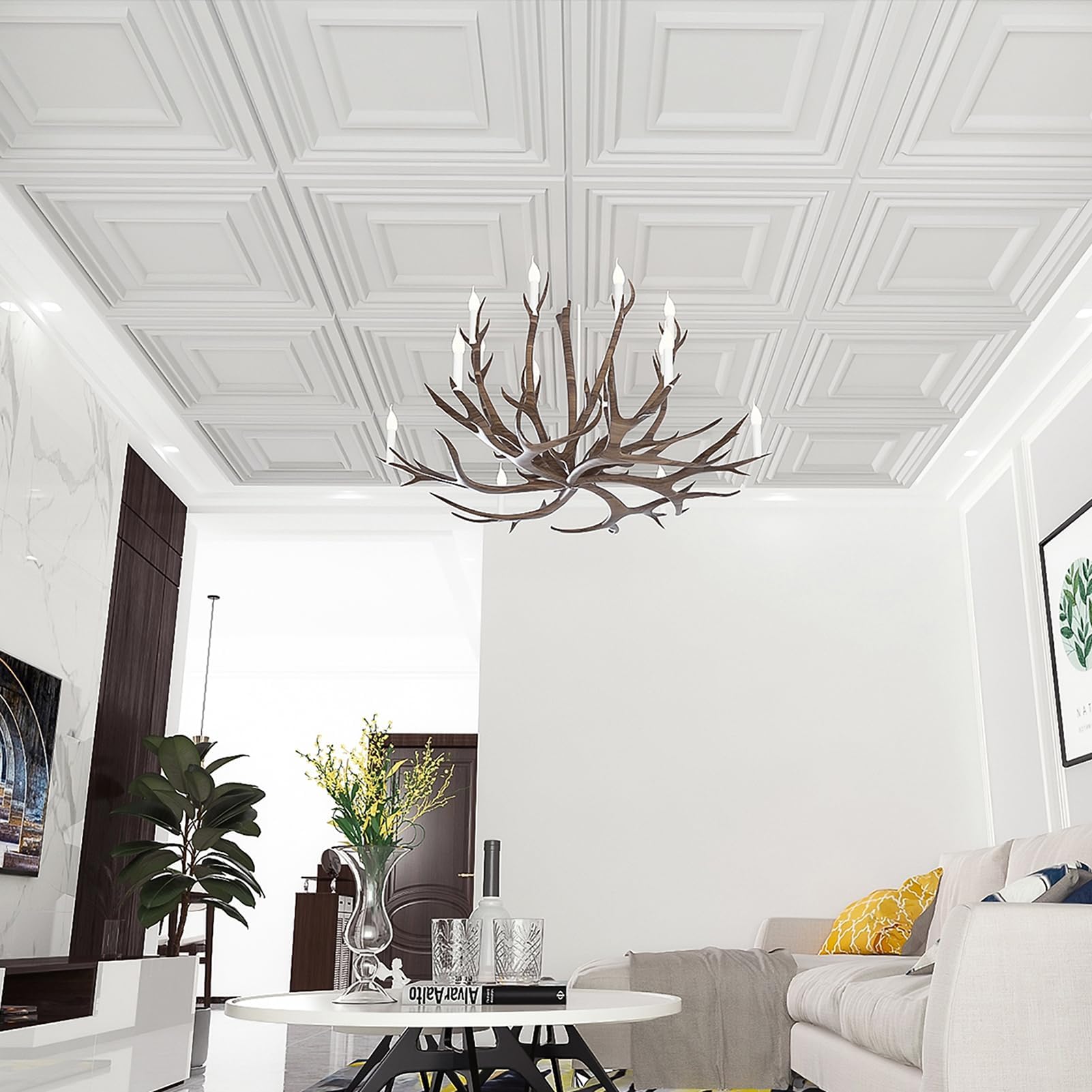 Art3d Drop Ceiling Tiles 24x24in. (12-Pack, 48 Sq.ft), Wainscoting Panels Glue Up 2ft x 2ft for Interior Décor in Living Room, Bedroom & Office, Star Black