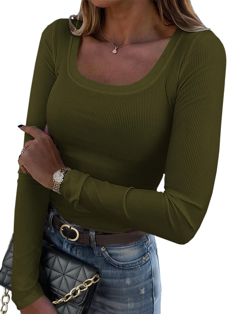 Zeagoo Women's Long Sleeve Scoop Neck Shirts Casual Slim Fit Rib Knit Tops Summer Fall Basic Business Work Tee