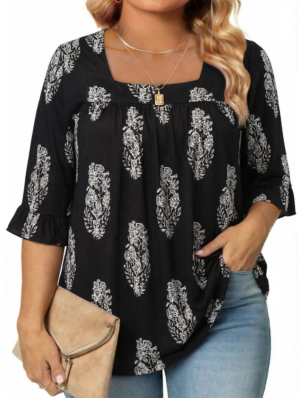 Siddhe Womens Plus Size Tops Loose Fit 3/4 Ruffle Sleeve Blouses Square Neck T Shirt Casual Tunic Tops(1X-5X)