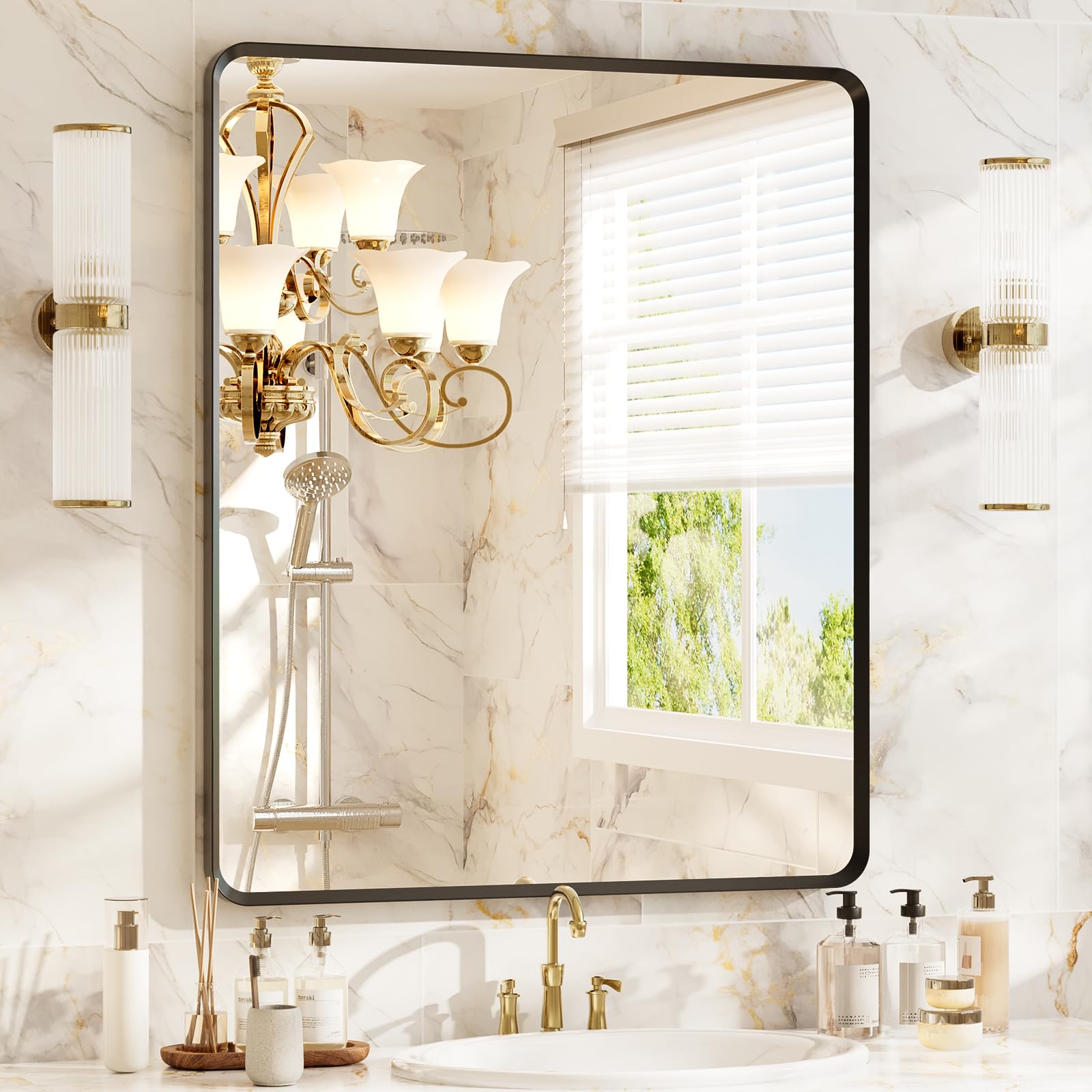 22x30 inch Gold Bathroom Mirror,Rounded Rectangle Gold Metal Framed, HD Tempered Glass, Horizontal or Vertical Hanging, Modern Bathroom Decor