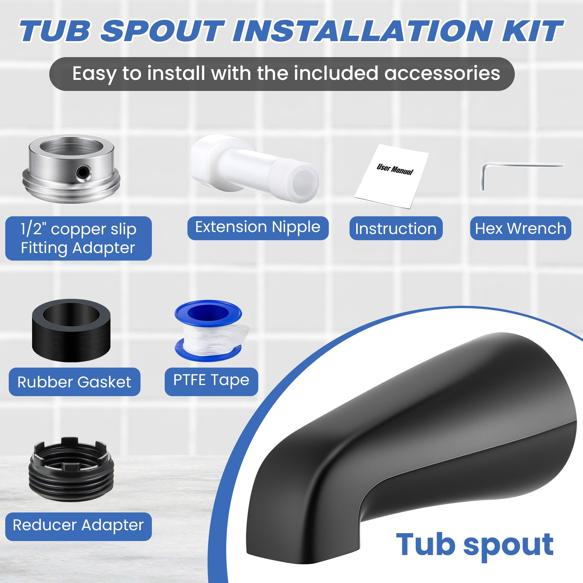 Dreyoo Tub Spout (Universal Fits 1/2" Copper Pipe, 1/2" IPS and 3/4" IPS), Bathroom Bathtub Faucet with Adapters and Hex Wrench(Brushed Nickel,Simple)
