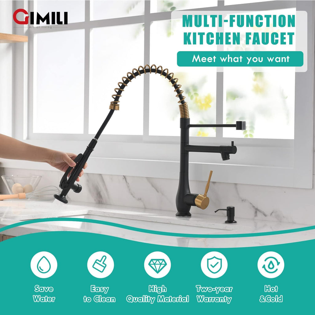 GIMILI Black and Gold Kitchen Faucet with Pull Down Sprayer Single Handle High Pressure Kitchen Sink Faucet Commercial Double-Headed Stainless Steel Kitchen Faucets