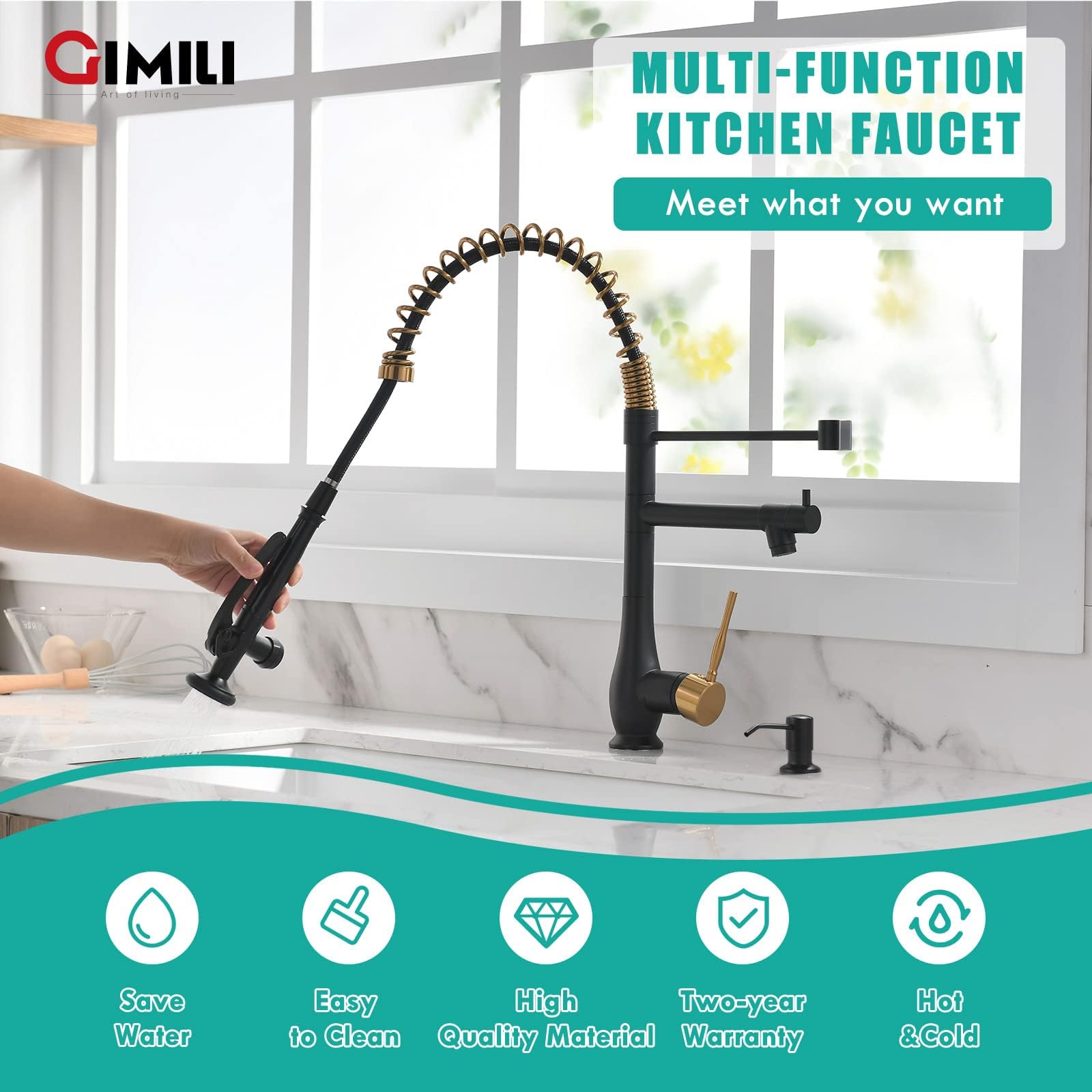 GIMILI Black and Gold Kitchen Faucet with Pull Down Sprayer Single Handle High Pressure Kitchen Sink Faucet Commercial Double-Headed Stainless Steel Kitchen Faucets