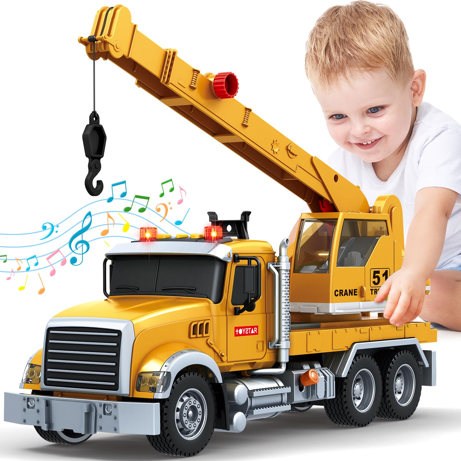 Bstoyder Kids Toys for 3 4 5 6 7 8 Years Old Boys, 15" Crane Truck Toy with Lights, Sounds, Toddler Friction Powered Truck Vehicle Toy for Boys Girls Birthday Gifts