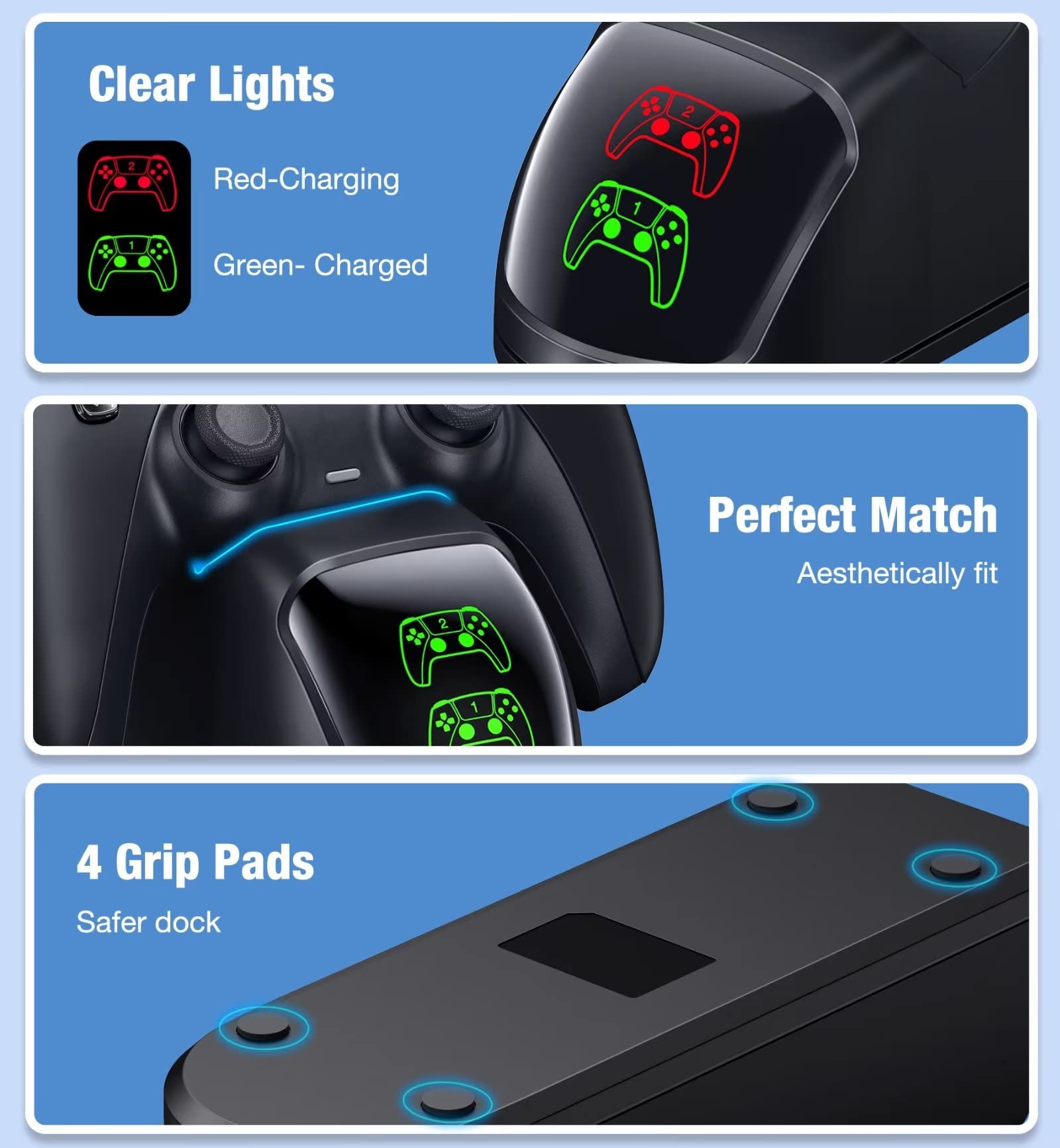 Controller Charging Station for PlayStation 5 Dualsense Controller with Dual Stand Charger Dock, Upgrade Charger for PS5 Accessories Fast Charging Cable, Charging Station Black for PS5