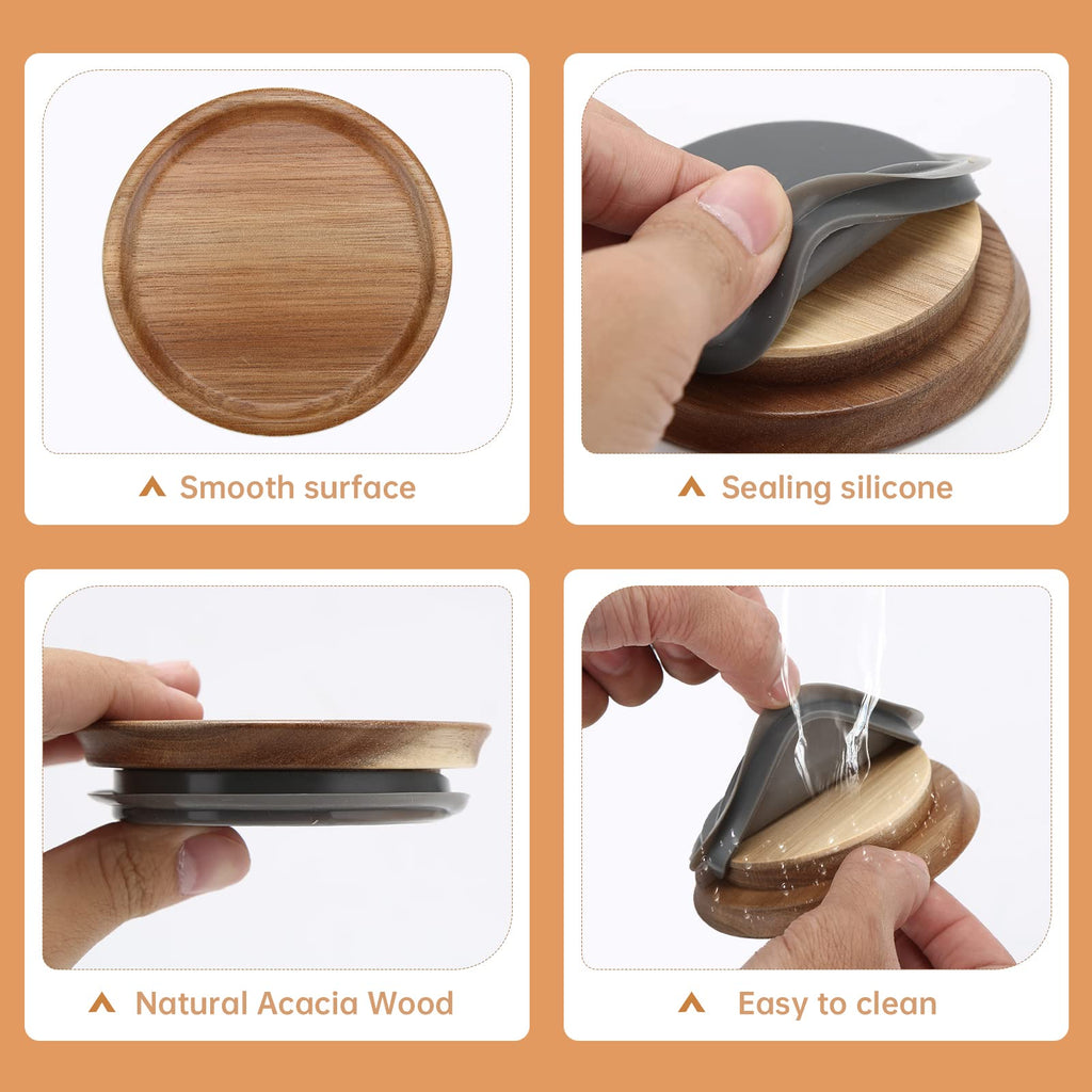 6 Pack Wide Mouth Mason Jar Lids Reusable canning lids Acacia Wooden mason jar Lids with Airtight Silicone Seal, Brown (6PCS Wide Lids)
