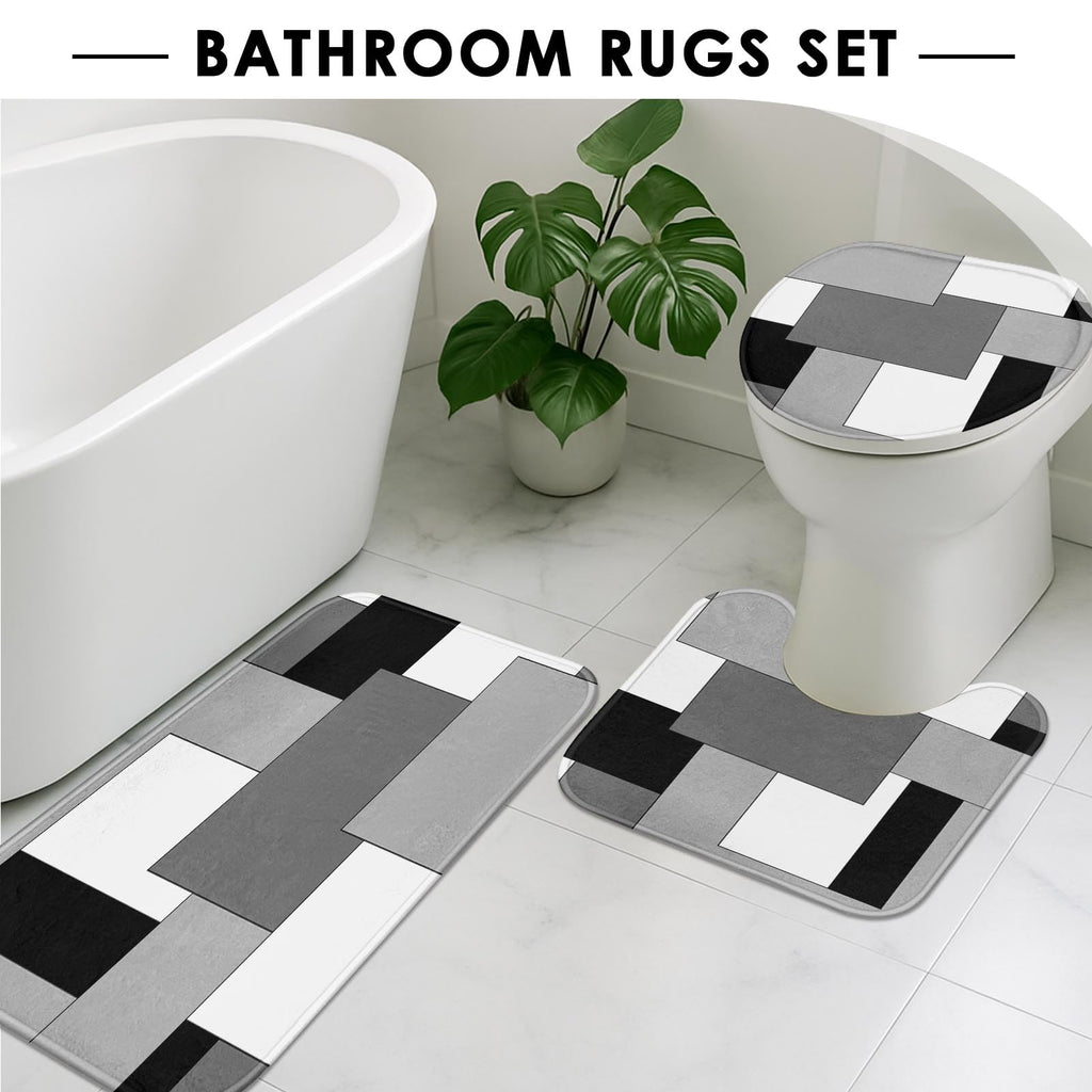 Beige Geometric Shower Curtain Set with Toilet Lid Cover and Non-Slip Rugs for Bathroom, Black Grey White Checkered 4 Pcs Shower Curtain, Modern Abstract Bathroom Set with 12 Hooks