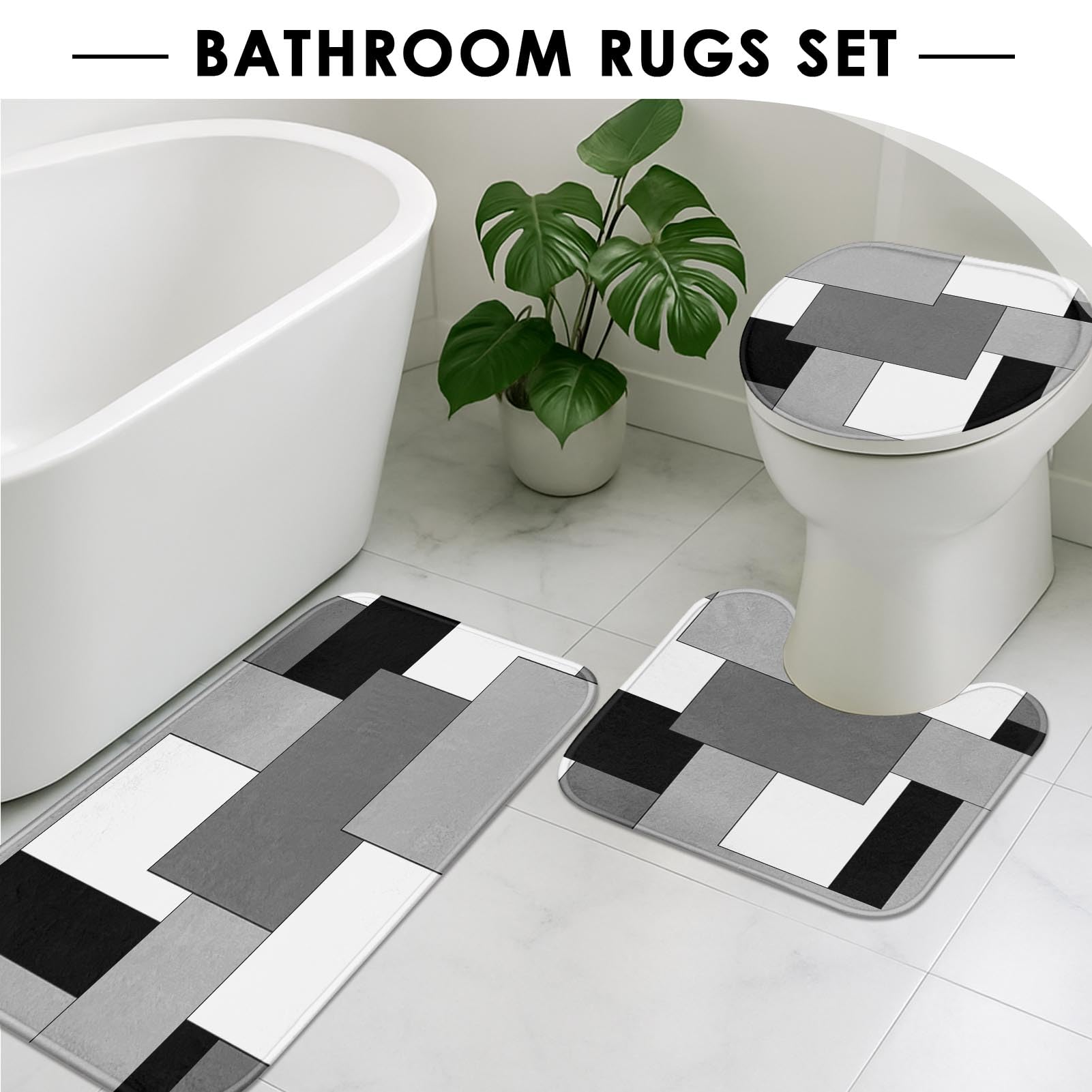 Beige Geometric Shower Curtain Set with Toilet Lid Cover and Non-Slip Rugs for Bathroom, Black Grey White Checkered 4 Pcs Shower Curtain, Modern Abstract Bathroom Set with 12 Hooks