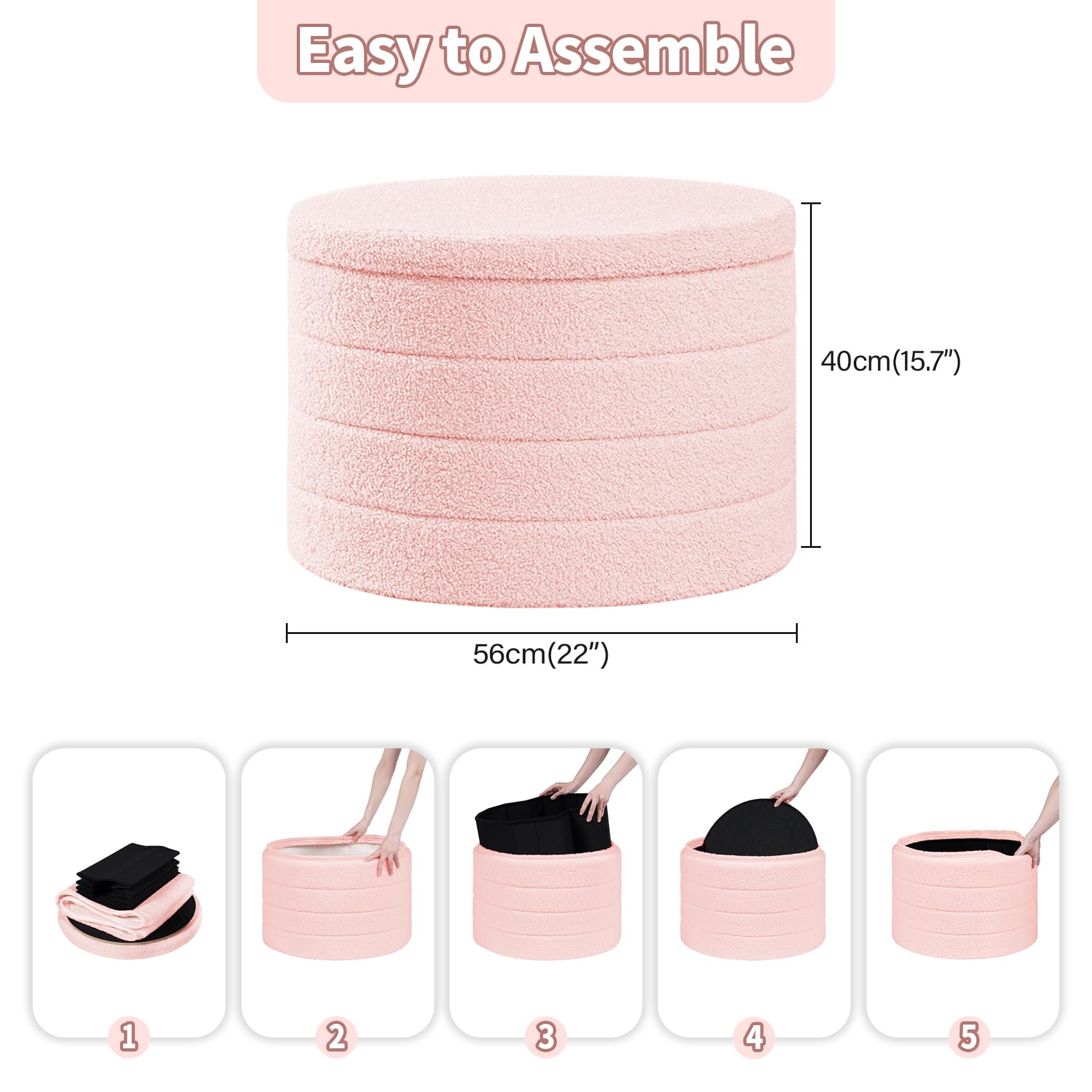 PINPLUS Round Storage Ottoman Foot Rest Stool with Tray Velvet Sherpa Folding Storage Ottoman,Boucle Foot Rest for Living Room, Bedroom, Dorm（Beige）