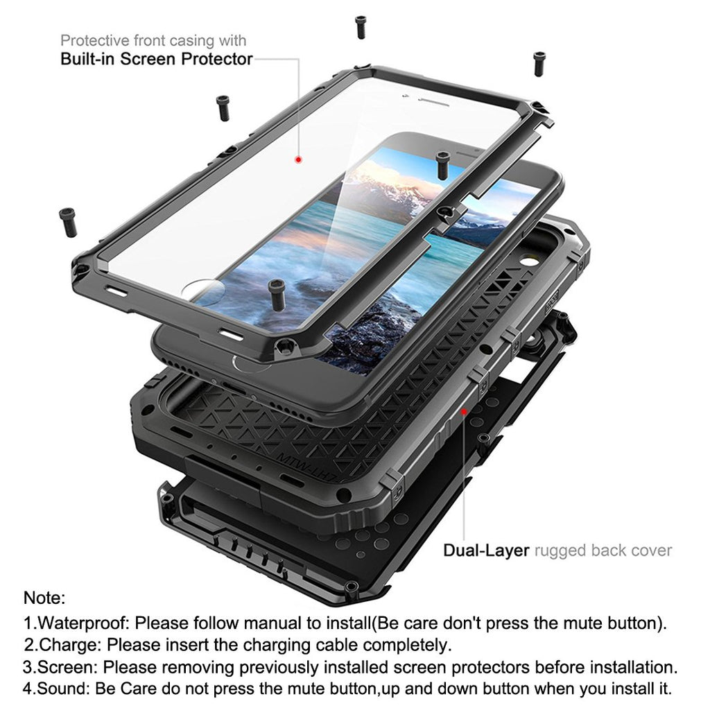 Beasyjoy for iPhone SE 2022/2020/ 8/7 Metal Case, Waterproof Heavy Duty Case with Screen Protector, Full Body Protection Military Grade Shockproof Defender Durable Sturdy Rugged Aluminum Cover, Black