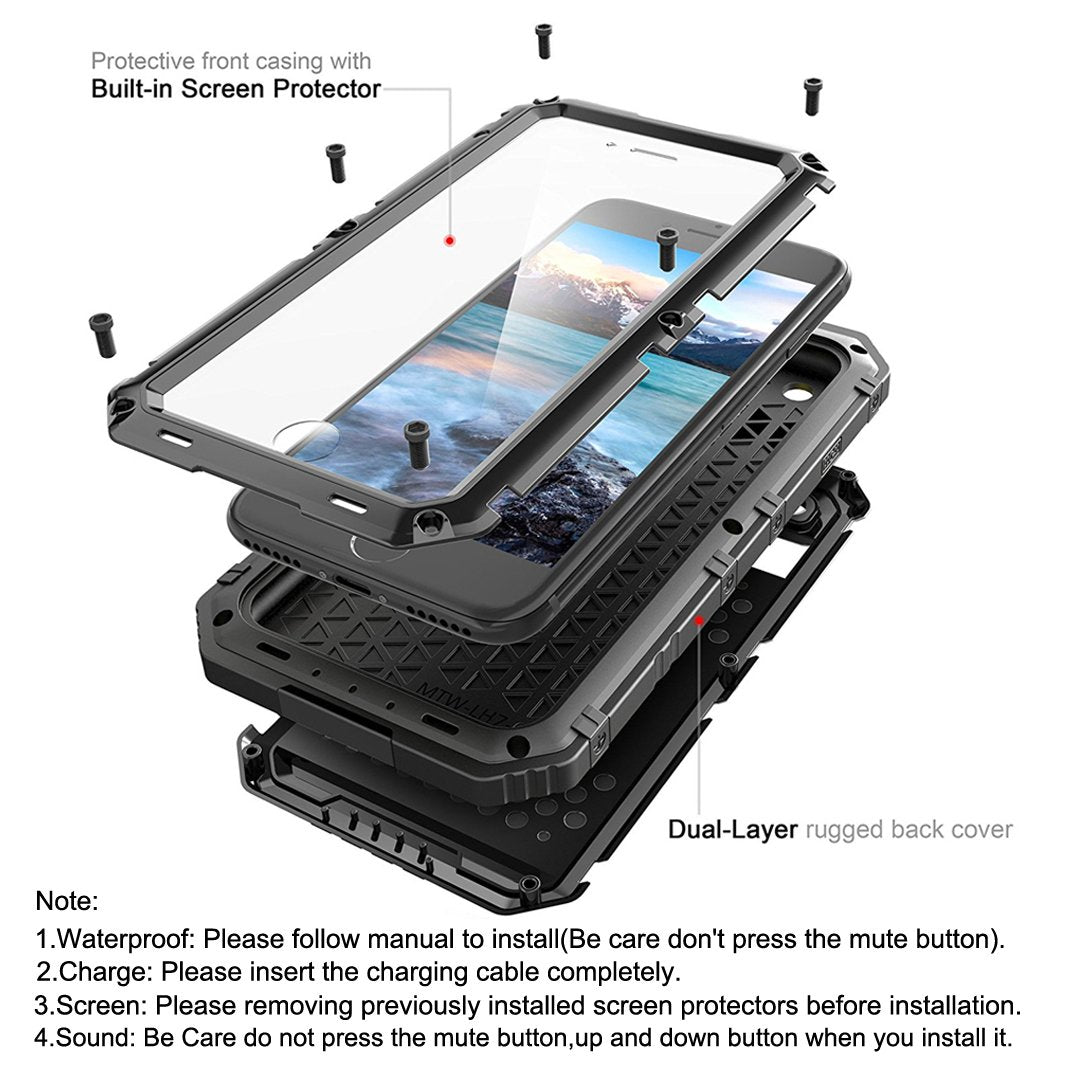 Beasyjoy for iPhone SE 2022/2020/ 8/7 Metal Case, Waterproof Heavy Duty Case with Screen Protector, Full Body Protection Military Grade Shockproof Defender Durable Sturdy Rugged Aluminum Cover, Black