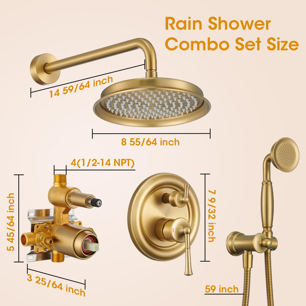 Rainfall Shower Head with Handheld Combo, Brushed Gold Shower System with Balance Pressure Valve, 9 inch Shower Head and Faucet Set, Rain Shower Head with Handheld Spray Wall Mount(B2312-BG)